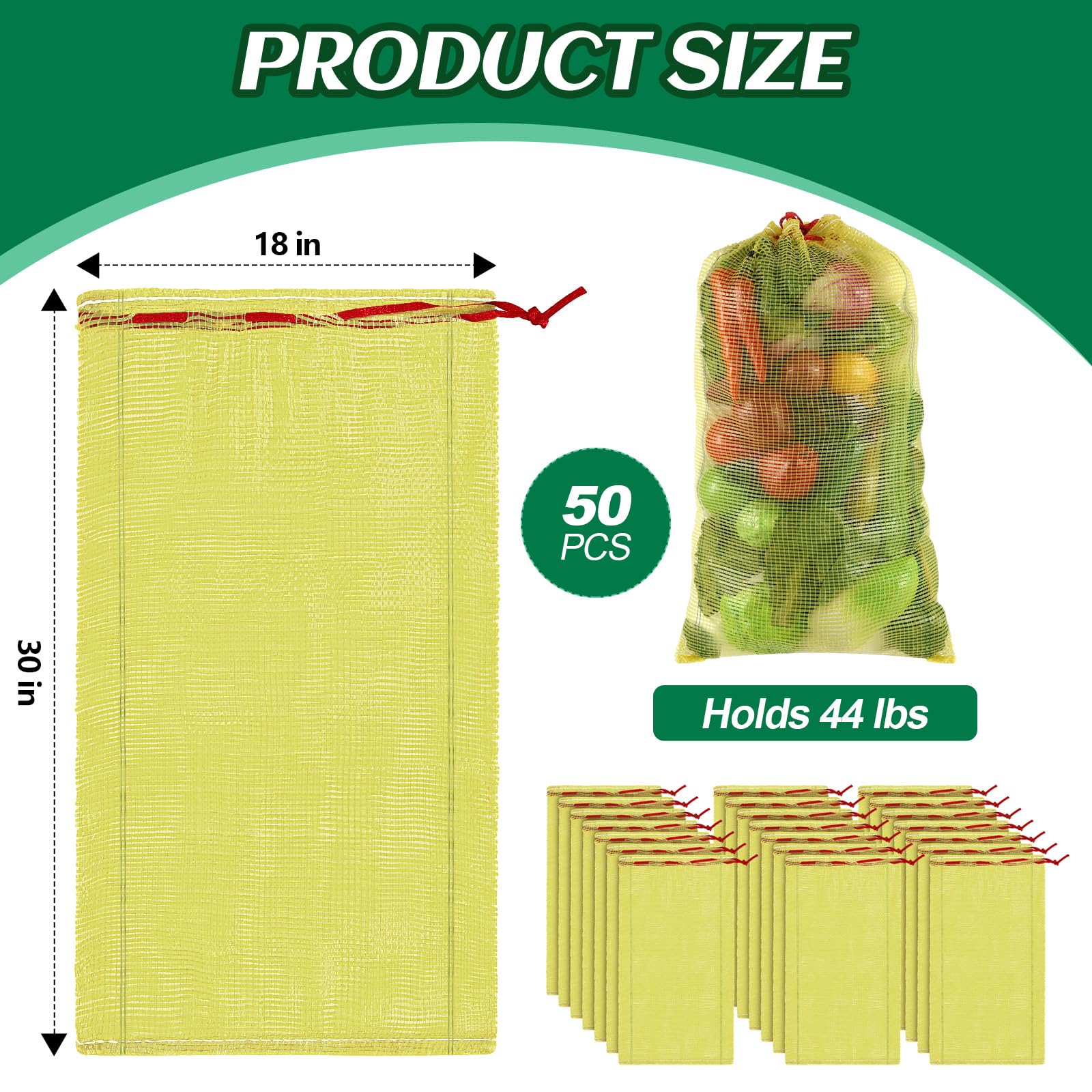 Berlune 50 bolsas de malla de almacenamiento reutilizables para verduras con capacidad para hasta 44 libras, bolsas de almacenamiento de verduras, bolsas de red lavables para verduras, bolsas de