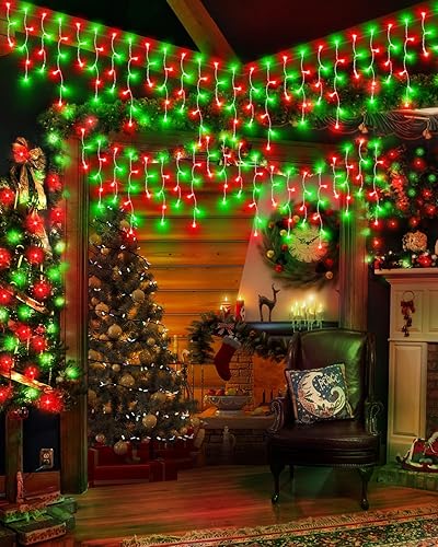 Miniatura 4 de Guirnalda de luces navideñas de exterior, 972 LED, 106 pies, impermeable, enchufable, conectable, 8 modos, 216 gotas, colgantes, para decorar Rojo