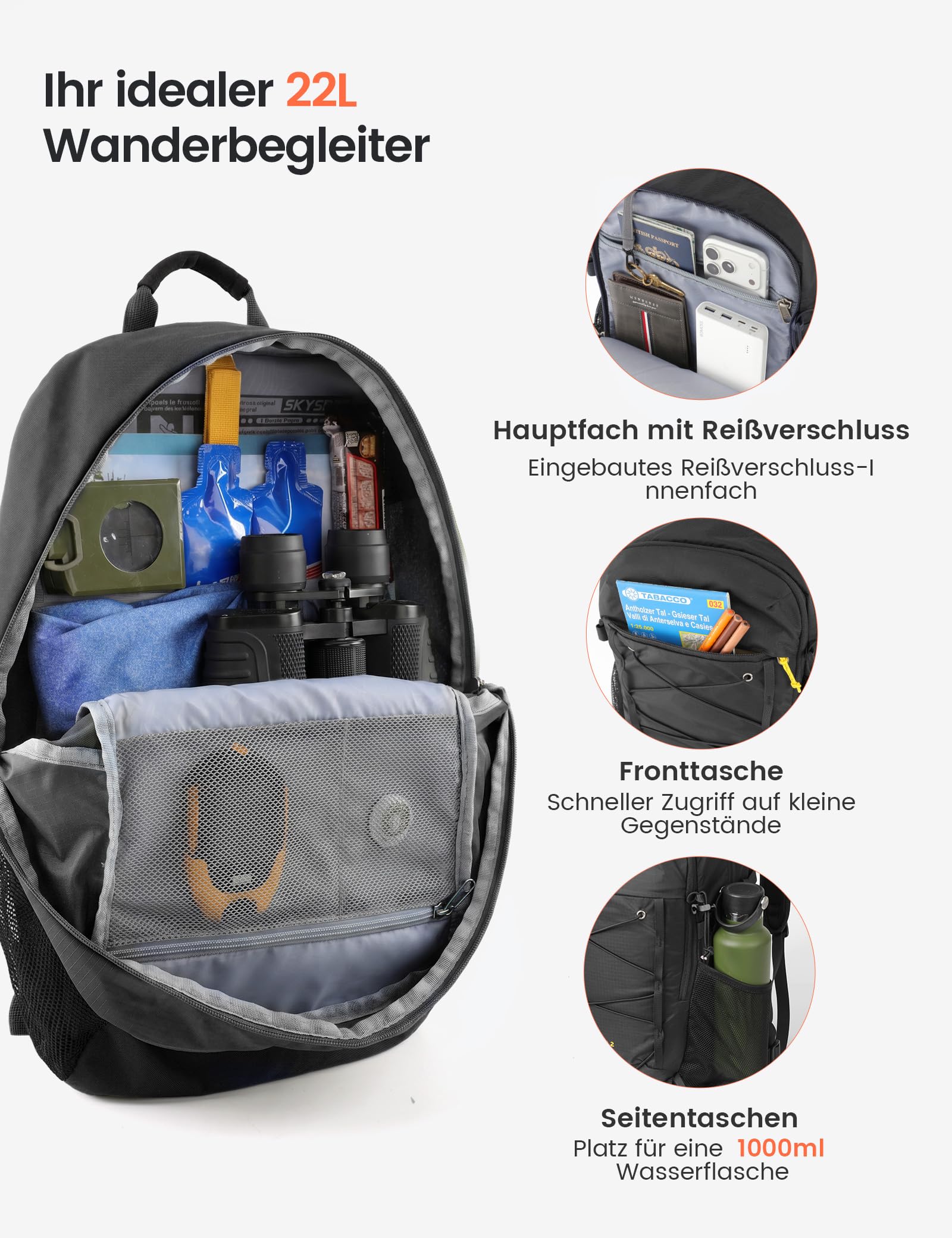 SKYSPER 22L Wanderrucksack Herren Damen Leichter Trekkingrucksack mit Belüftungsrücken Diebstahlsicher Rucksack aus Atmungsaktivem Air Mesh für Wandern Reisen Tagesausflüge