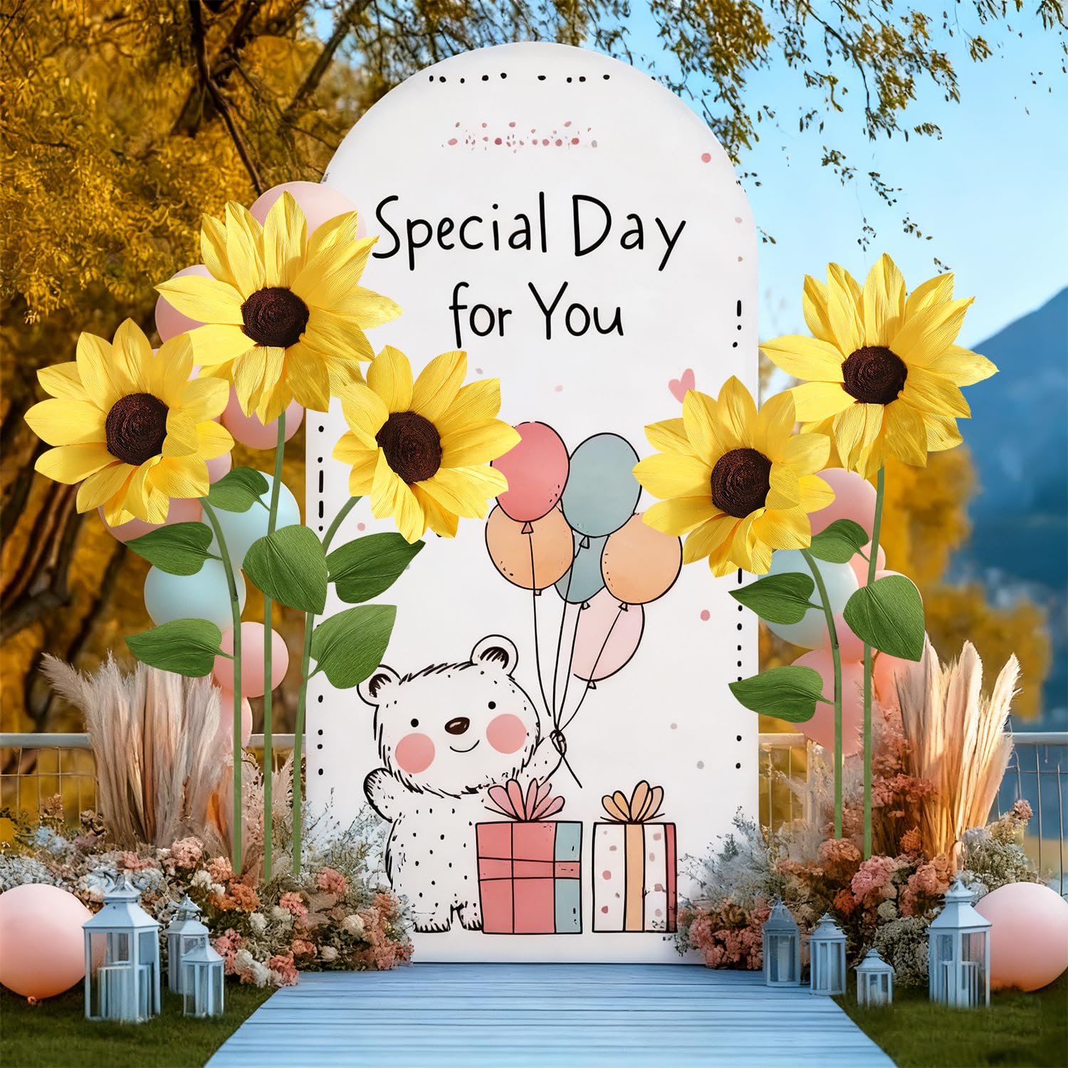 Mverse Lot de 3 tournesols géants en papier avec base en métal autonome pour toile de fond de mariage, accessoire de photomaton d'événement, décoration de fête d'anniversaire et présentoir de magasin