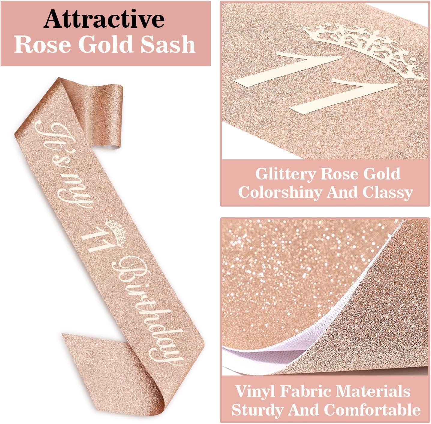 11th Birthday Decorations for Girls, Including 11th Birthday Sash and Tiara, 11 Candles and Cake Toppers, Rose Gold 11 Balloons and 3D Birthday Card, 11th Birthday Gifts for Girls 11 Year Old Birthday Party - Image 7
