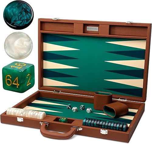 Juego de backgammon prémium de 19 pulgadas para adultos, cuero marrón - verde. Juego de damas y dados premium de 1.6 pulgadas, juego de backgammon