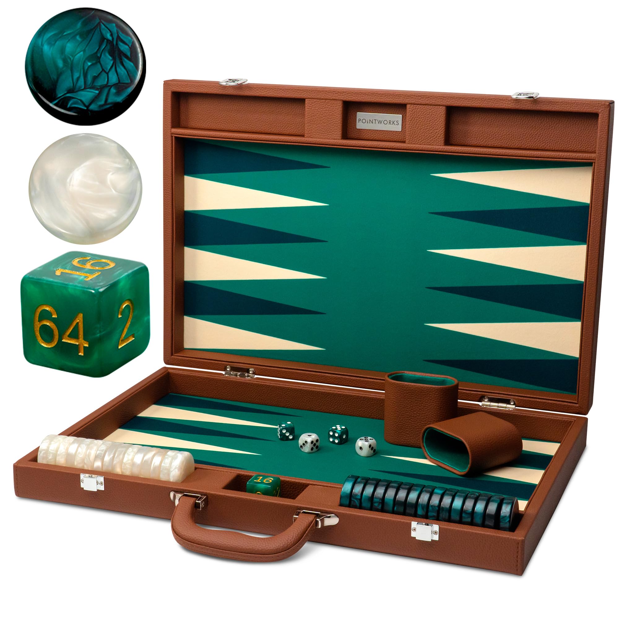 Pointworks 19 Inch Premium Backgammon Sets for Adults Leather Brown - Green. Premium 1.6 Inch Checkers & Dice Set, Travel Backgammon Set, Large, Backgammon Board Game, Backgammon Game Set Brown Case - Green Field 19 Inch - Large