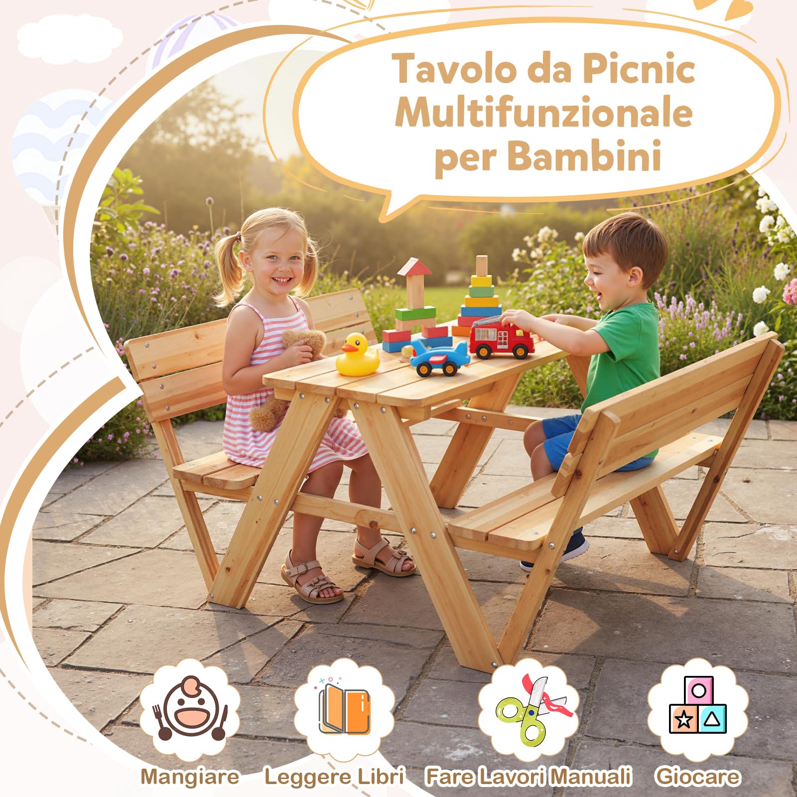 COSTWAY Tavolo da Picnic per Bambini in Legno con 2 Panche Integrate | Set di Tavolo e Sedie per Attività all'Aperto, Mobili per Bambini 3+ Anni per Cortile, Patio e Giardino