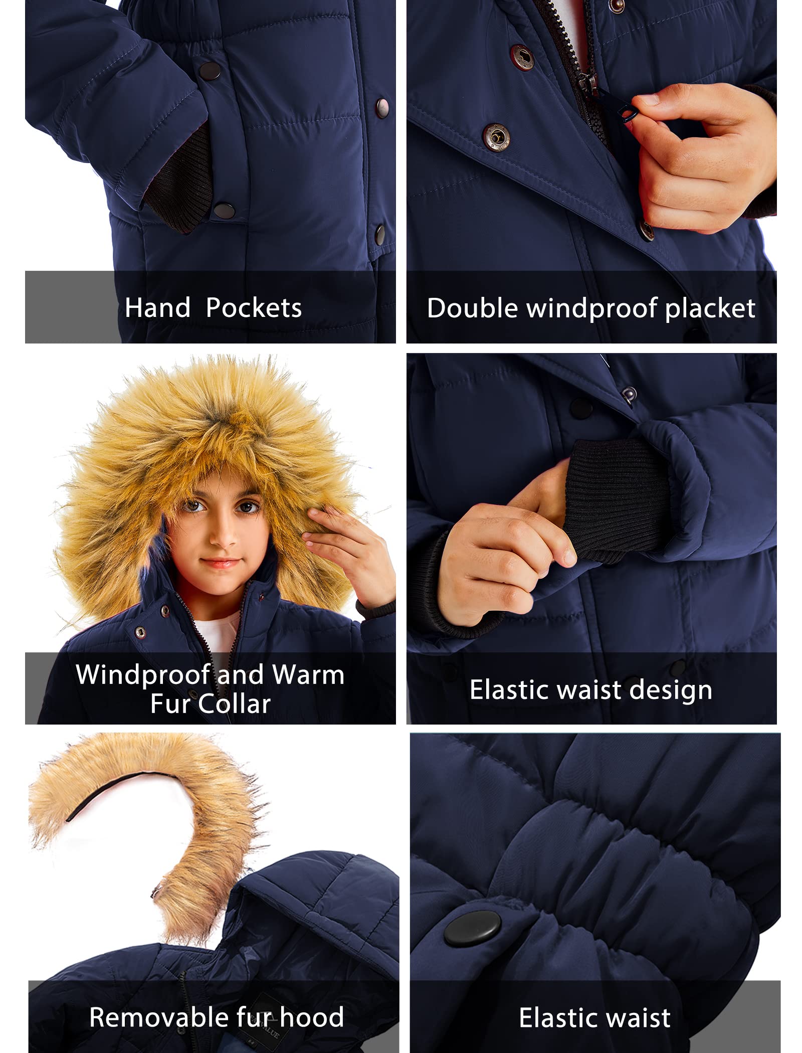FARVALUE Abrigos cálidos de invierno para niñas, parka larga y gruesa, chaqueta acolchada de forro polar con capucha y cortavientos