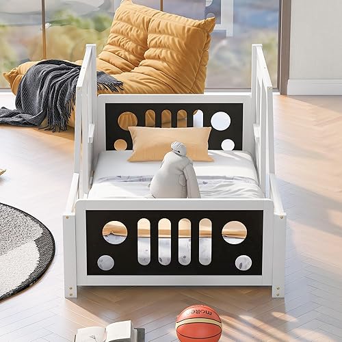 Miniatura 17 de Merax Cama de plataforma clásica en forma de automóvil con ruedas, marco de cama de automóvil de madera para niños, color azul