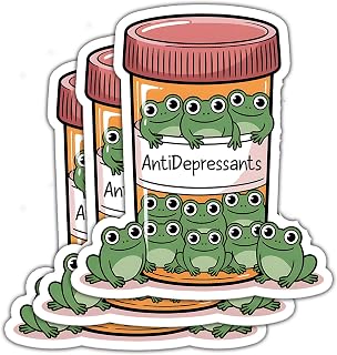 (3 Pcs) Frog Anti-Depressants Sticker - Jar of Frogs Decal for Animal Lover - Antidepressant Pill Bottle - Mental Health Sticker - Anxiety Depression - Decal 3 Inch for Laptop Water Bottles