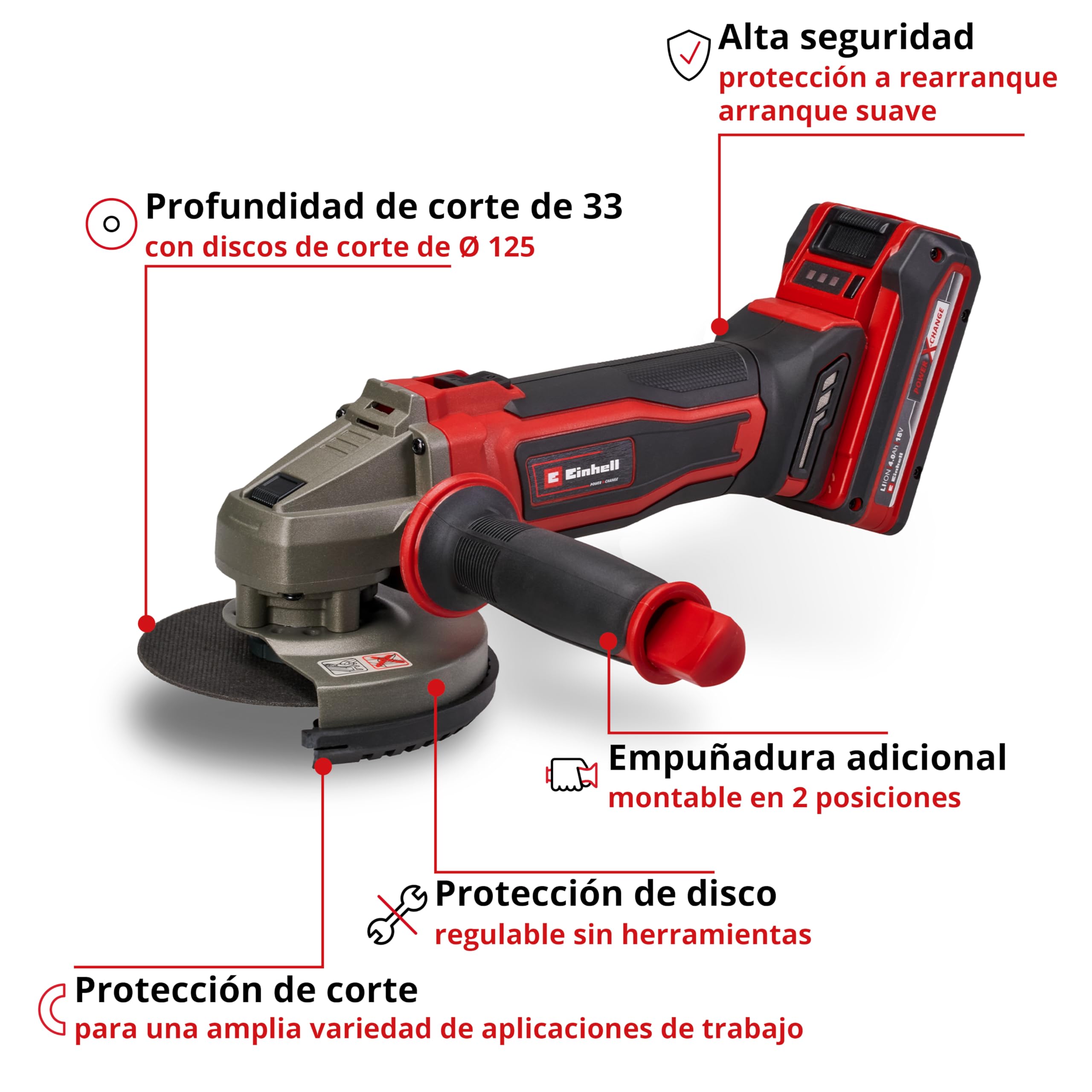 Einhell Amoladora angular con batería TE-AG 18/125-2 Li (1x 4,0 Ah) PXC (18V, 125mm diámetro de disco, 33mm profundidad de corte, protección de corte, sin disco de corte, incl. batería 4,0 Ah)