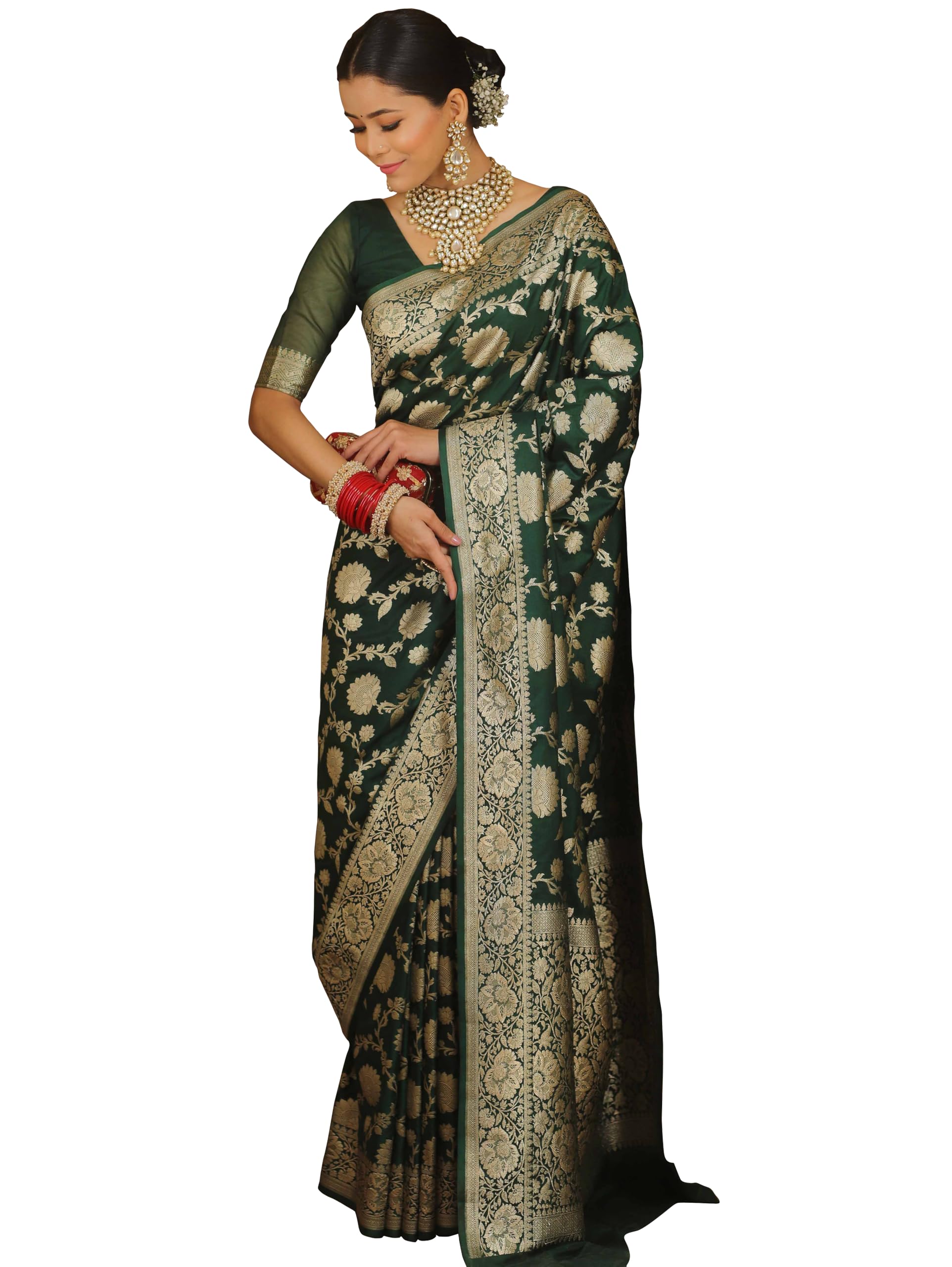 Sugathari Women's Banarasi Saree Pure Kanjivaram Silk Saree Soft New Ladies 2025 Design Wear Pattu Sarees Latest Sadi Party Sari Collections With Blouse Piece (San Pari-222-Dark Green)
