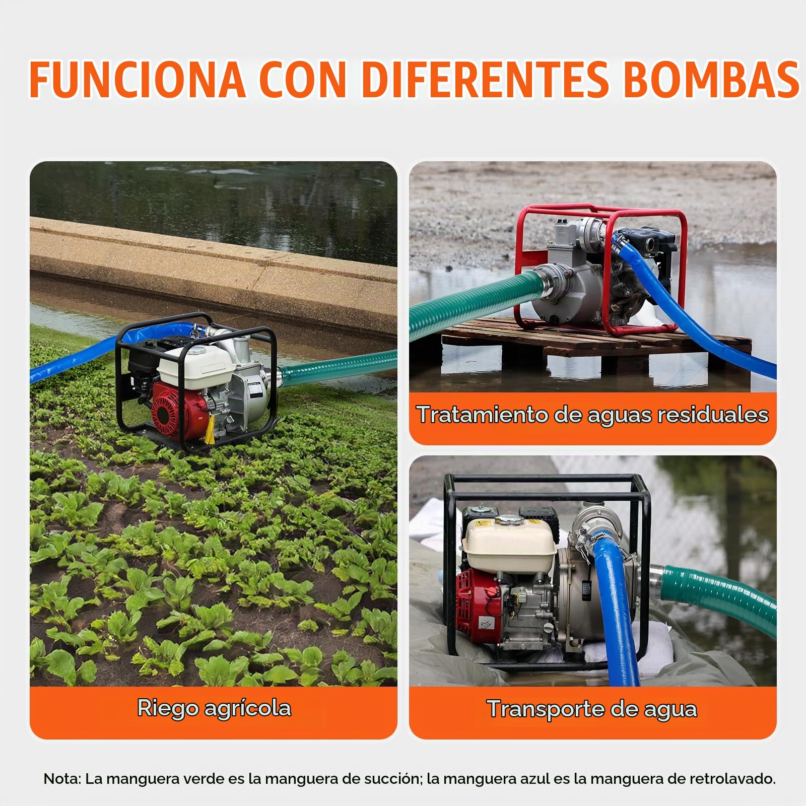 VEVOR Kit de Manguera de Succión para Bomba con Manguera de Retrolavado Azul de 50,80mmx15,24m, Manguera de Succión Verde de 6,1 m y Filtro de Orificio Redondo de Acero, Levas, Abrazaderas, Adaptador
