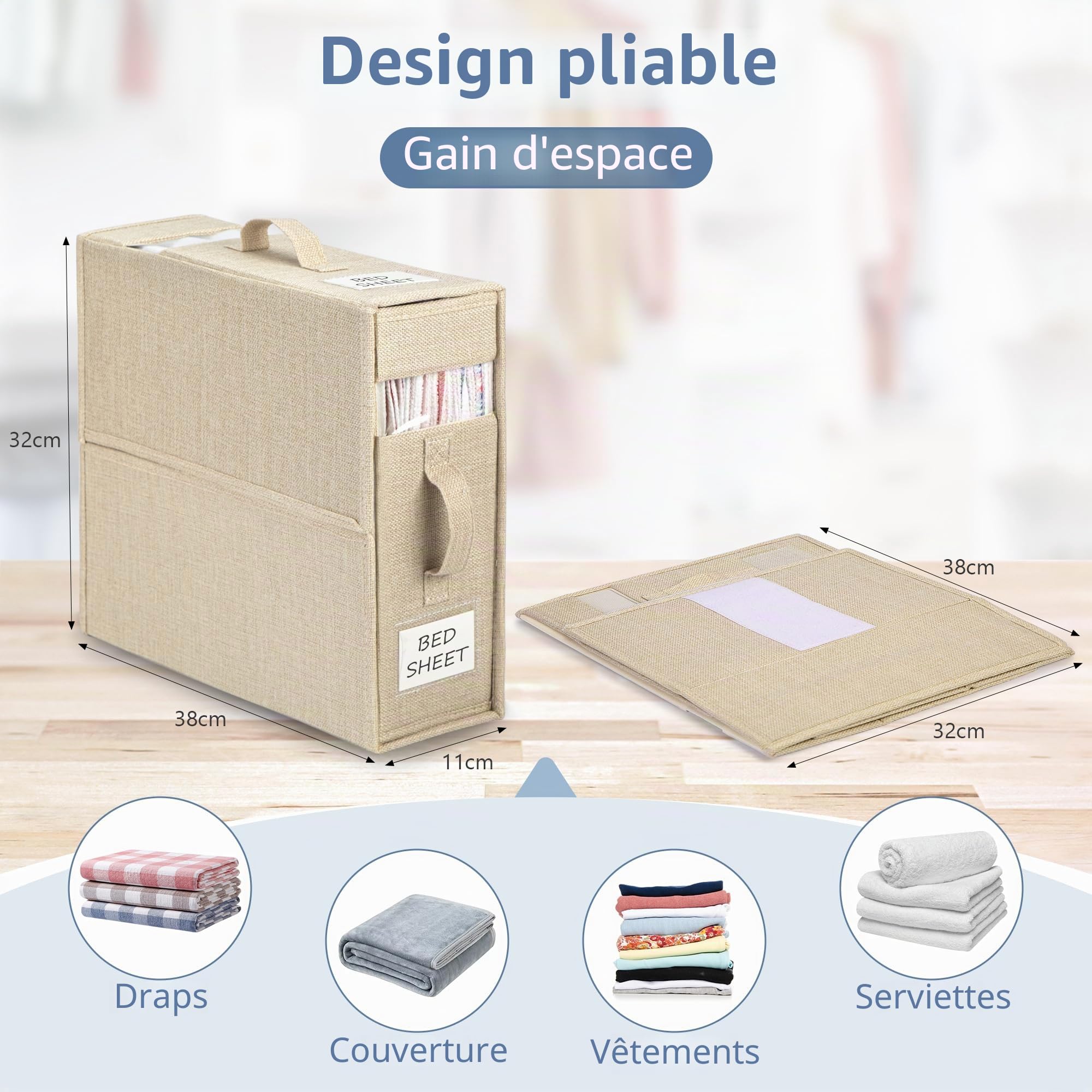 Sac de Rangement pour Draps de Lit, Lot de 4 Organisateurs de Literie Pliables, Rangement Pratique de la Literie et des Couvertures pour Lits King et Queen Size, Beige