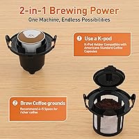 Vista 4 de Cafetera de una sola taza, para tazas K y molidos, 3 estilos de preparación, máquina de café de 6 a 12 onzas con bandeja de goteo y depósito Romvable