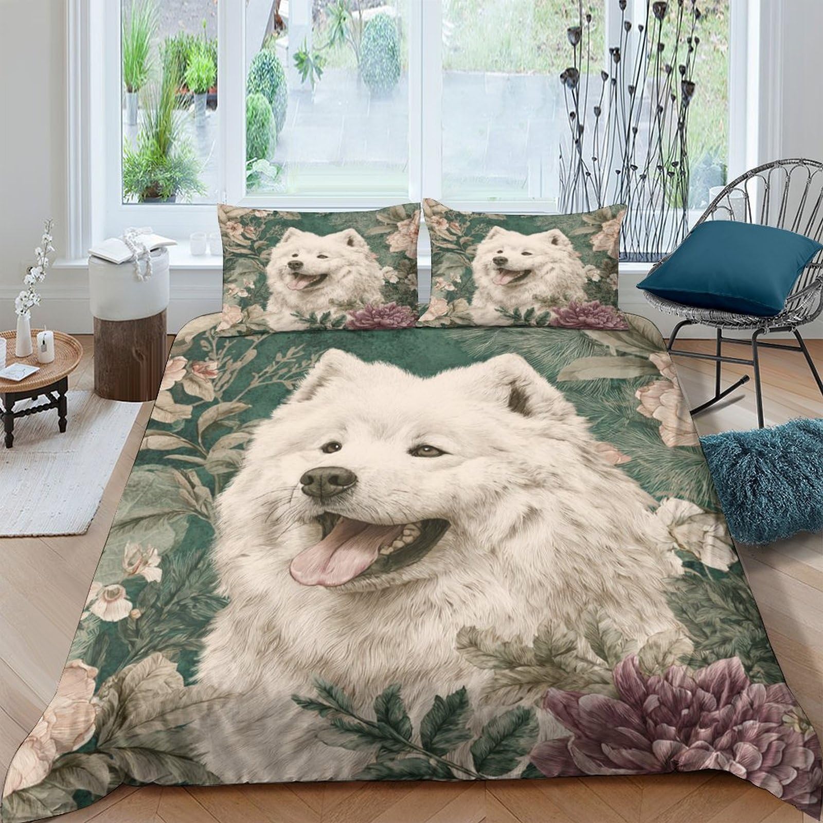 Ctjqhvkz Style-2 3D Printed White Samoyed Dog Fitted Sheet Microfiber Floral Mattress Cover For Bedroom Guest Room Dustproof Decor Single（135X200cm）