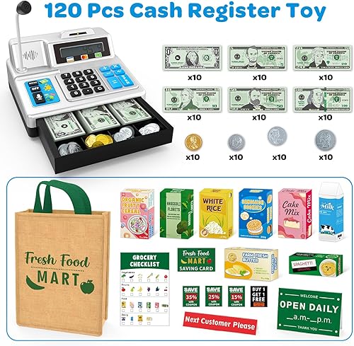 Miniatura 2 de Juguete plateado de caja registradora para niños, juego de 120 piezas de tienda de comestibles con tarjeta de crédito, cajas de comestibles,