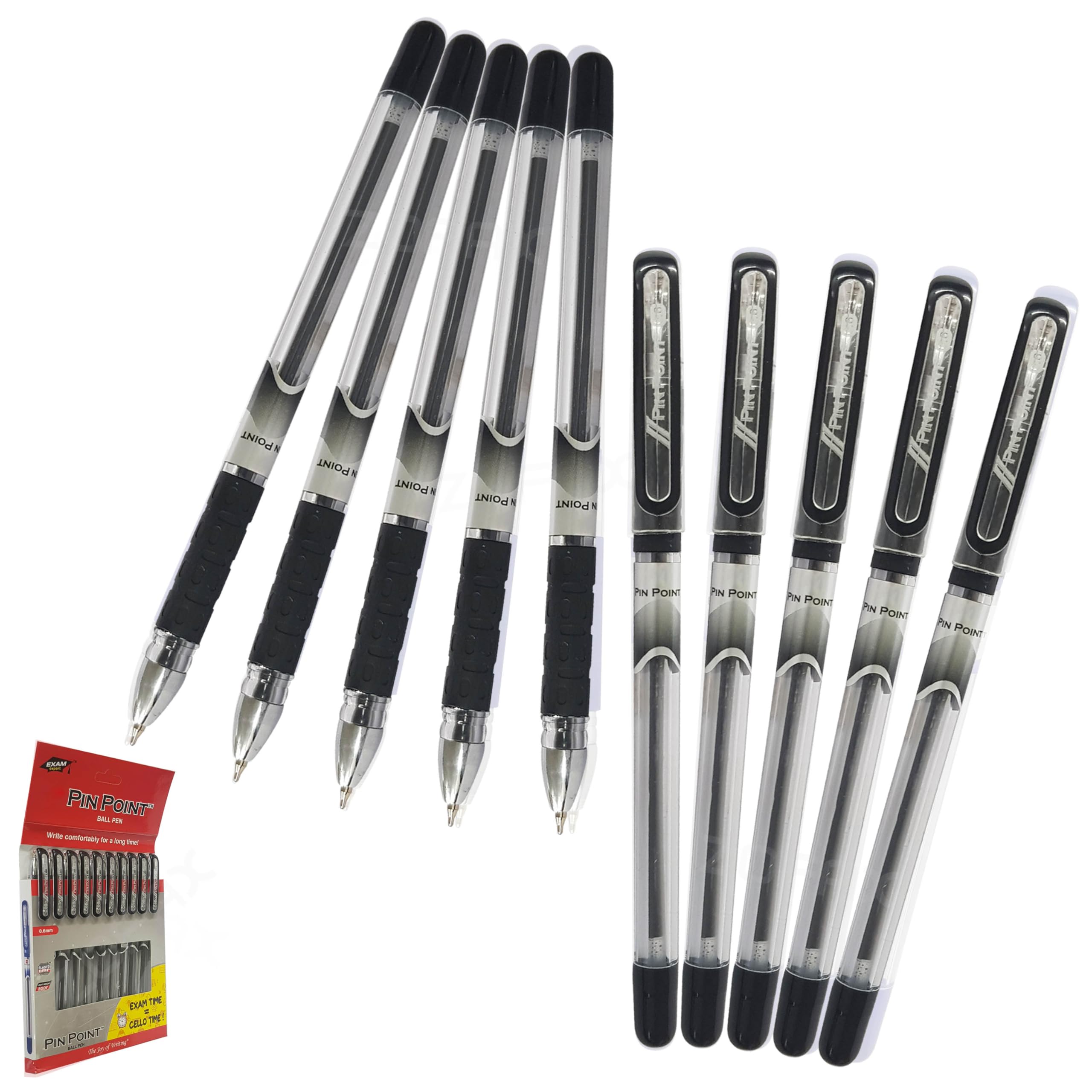 CELL Point-ST Ballpoint Pens, BLACK, Fine Point (0.6mm), Pack of 10, Elasto Grip, Perfect for School Office Home, Multipack, ZOFAX Black Ball Pen