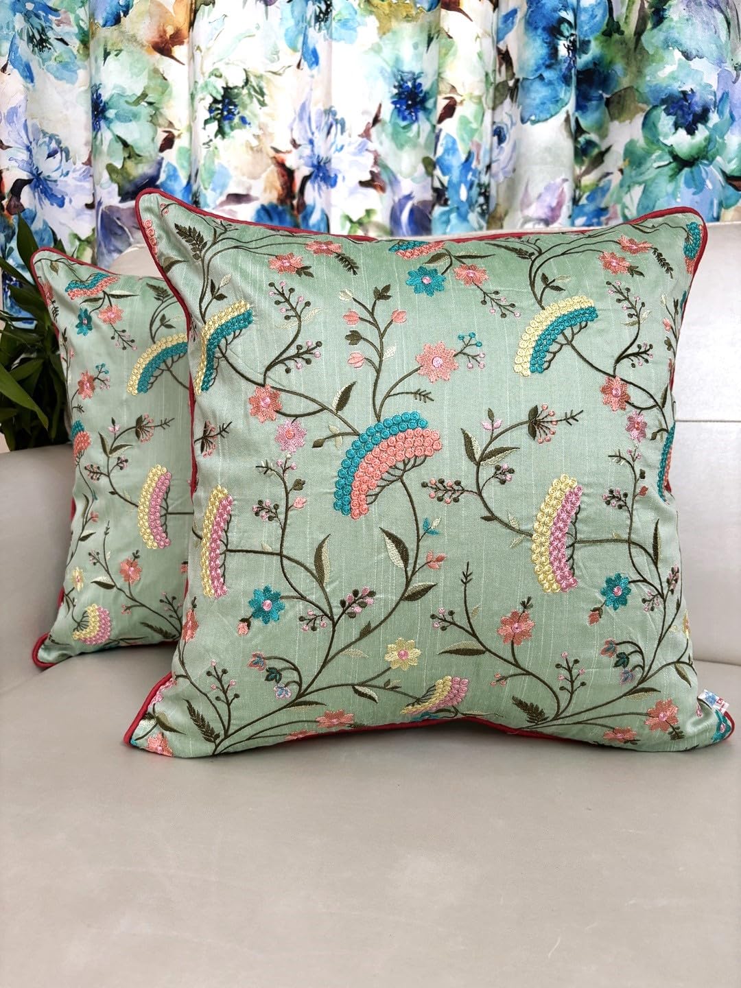 TARA- Sparkling Homes Embroidered Cushion Covers 16 x 16 Inches in Cotton Silk Set of 2 - Floral Poppies (Pastle Green, 16 x 16 Inches)-image-1