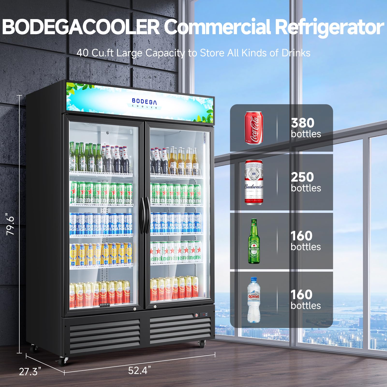 COOLER - Refrigerador comercial comercial, refrigerador comercial de bebidas de 2 puertas de vidrio, enfriador de exhibición de bebidas de 40 pies cúbicos con luz LED suave, estantes ajustables 2