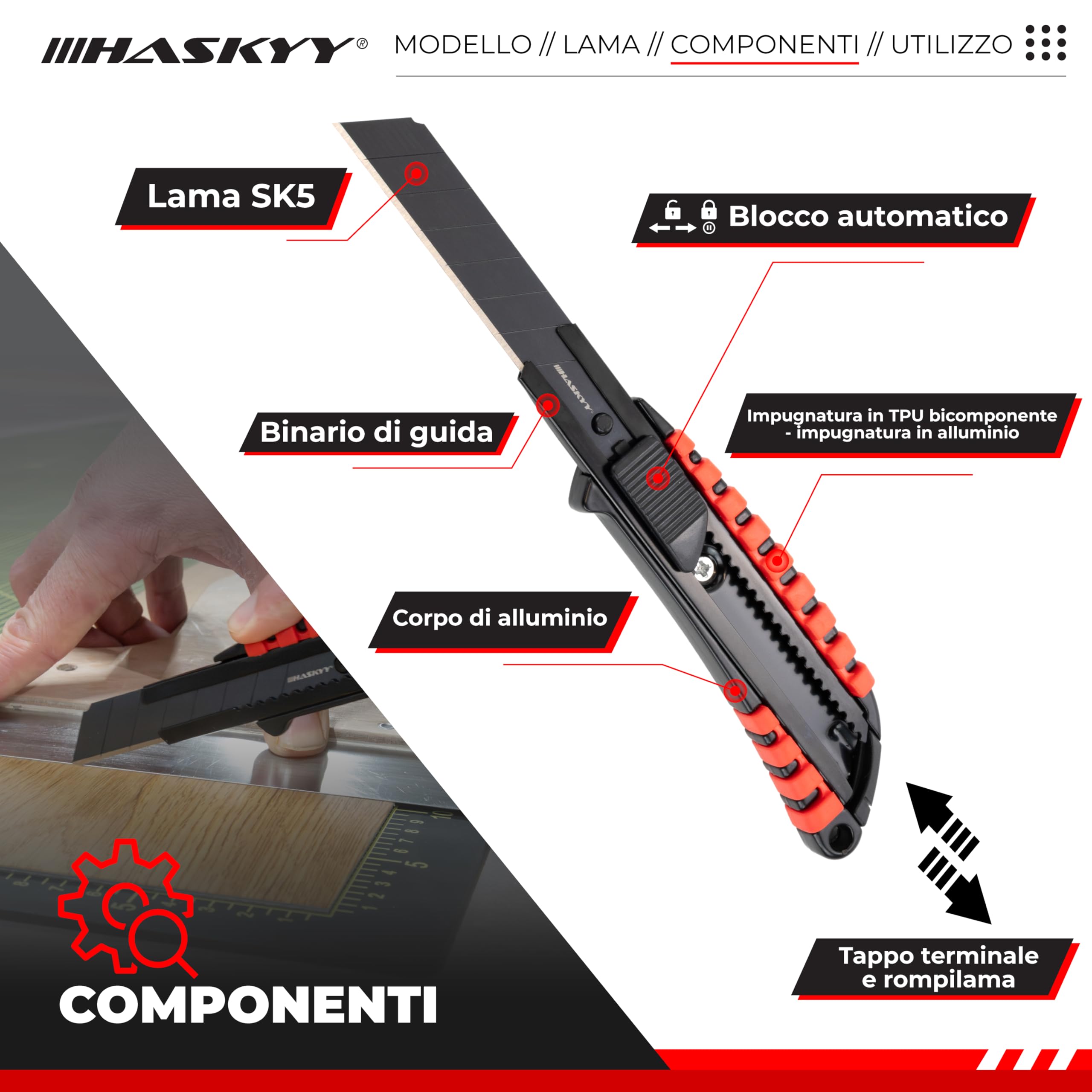 HASKYY Taglierino da Tappeto 18mm Set 5x Coltelli con Lama SK5 Ergonomico