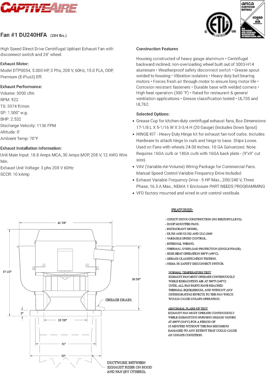 CAPTIVE-AIRE Restaurant Canopy Hood Grease Rated Exhaust Fan- Direct Drive Centrifugal Upblast Exhaust Fan- 33" Fan Base, 208 Volt Three Phase Motor 5000 CFM (DU240HFA)
