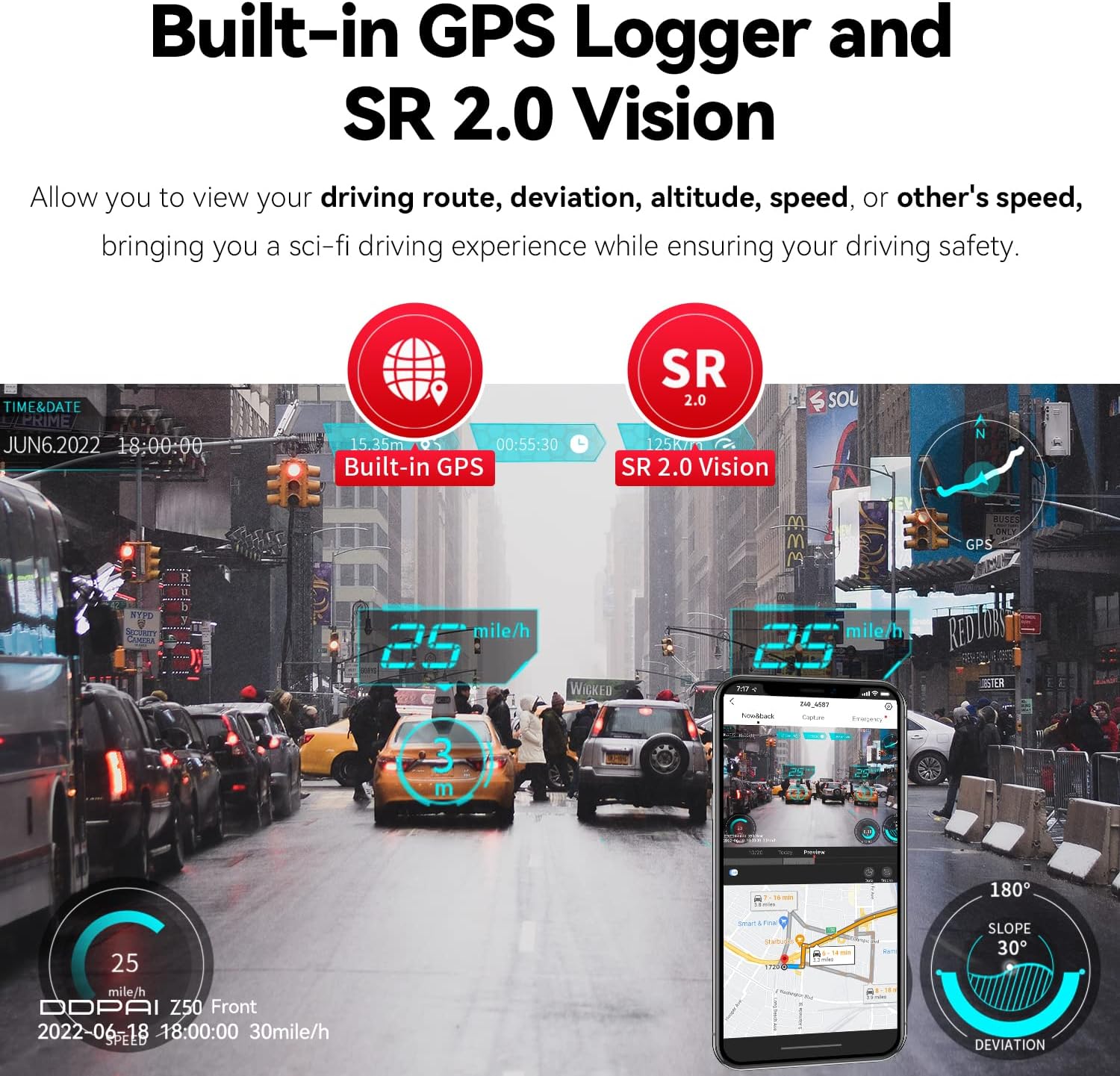 Smartphone screen showing GPS and SR 2.0 Vision data overlay on dash cam footage