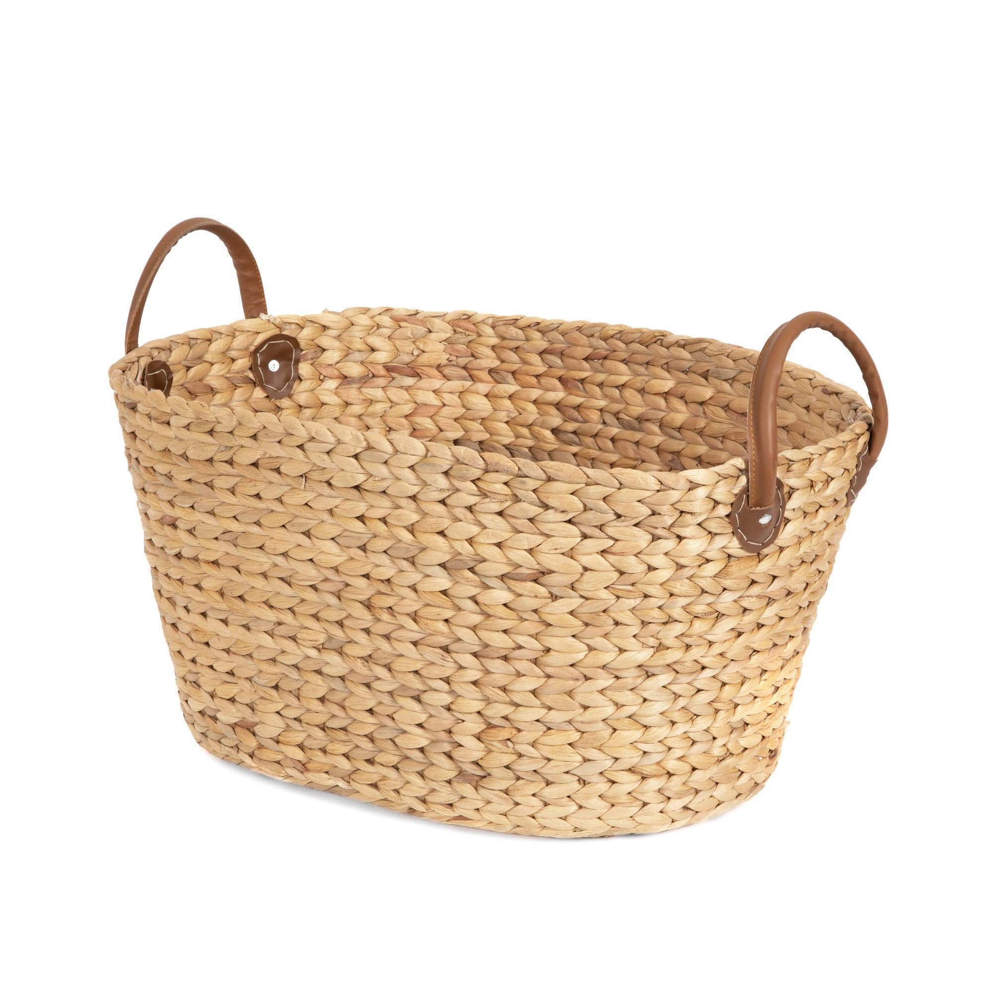Cesta de almacenaje de Jacinto de agua trenzado a mano, Forma oval, Color: Madera clara, Dim. 60 x 45 x Al. 37 cm, RAN6826