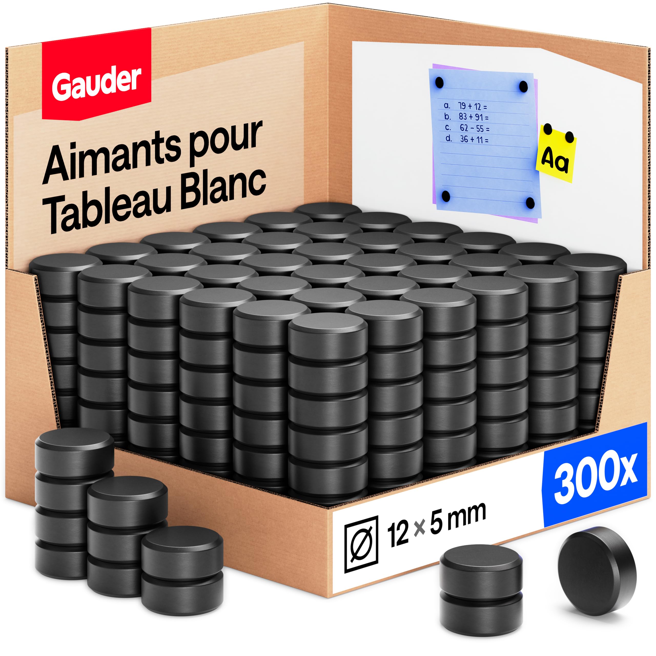 Aimants pour tableau blanc et bureau GAUDER - Disques magnétiques ronds noirs 12x5mm