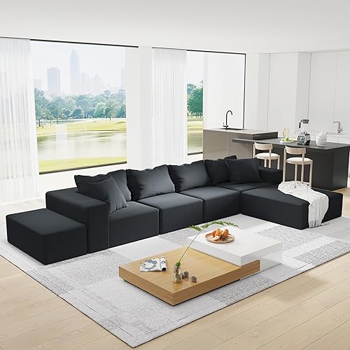 Modular Sectional Couches Sofa, 132in L Shaped Couch Set with 6 Pillows, Free Combination Sofa for Living Room, Bedroom, Apartment,Black