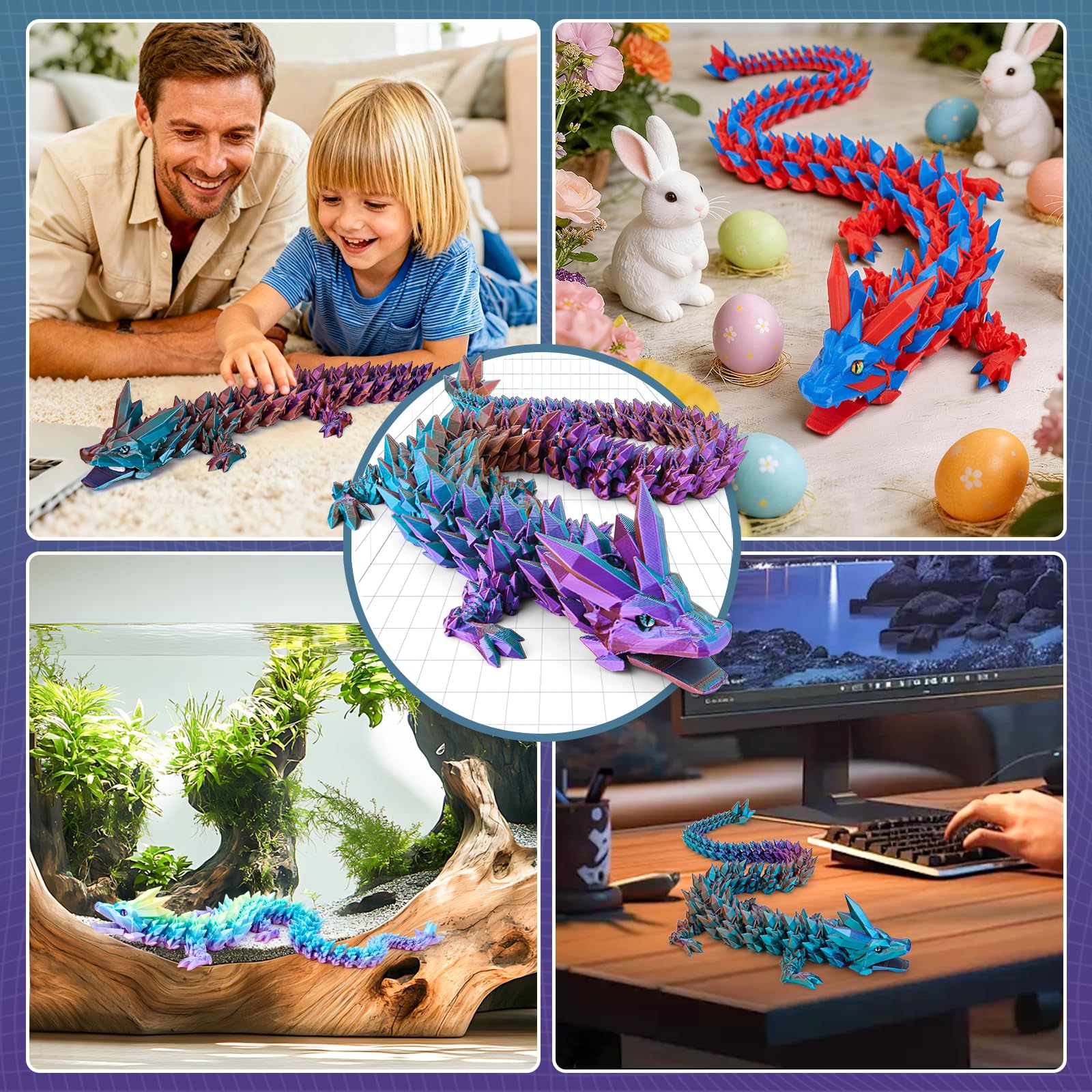 Drago stampato 3D, 60 cm, giocattolo con gli occhi, misteriosi figure di drago realistico, con articolazioni eque, in cristallo, regalo per bambini