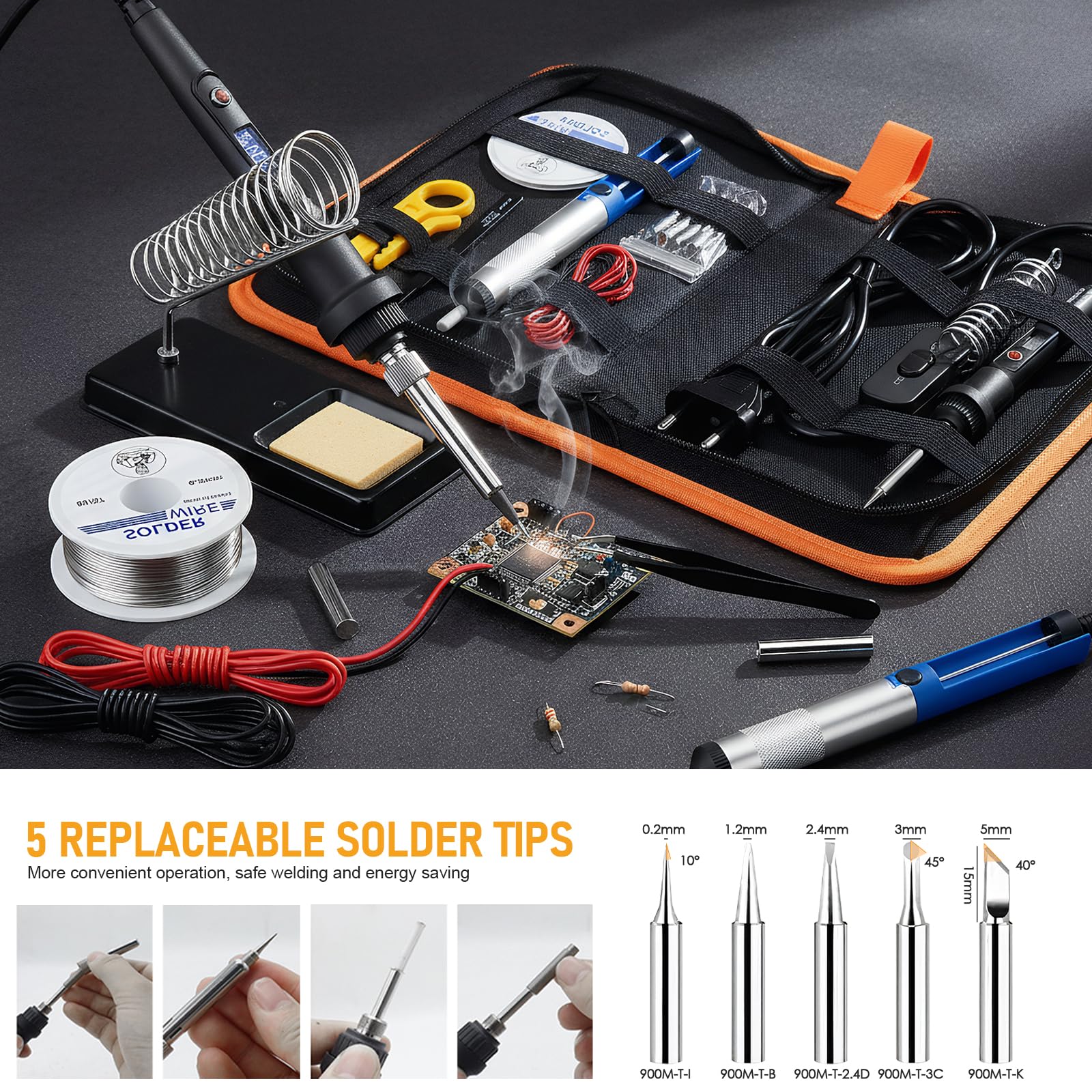 Saldatore a Stagno Kit 80W LCD Temperatura Regolabile 180-500°C 15 in1