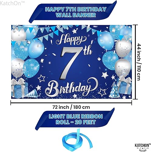 Miniatura 2 de KatchOn Pancarta azul de feliz cumpleaños número 7  Xtralarge 72 x 44 pulgadas  Cartel de feliz cumpleaños de 7 años  Telón de fondo azul y plateado