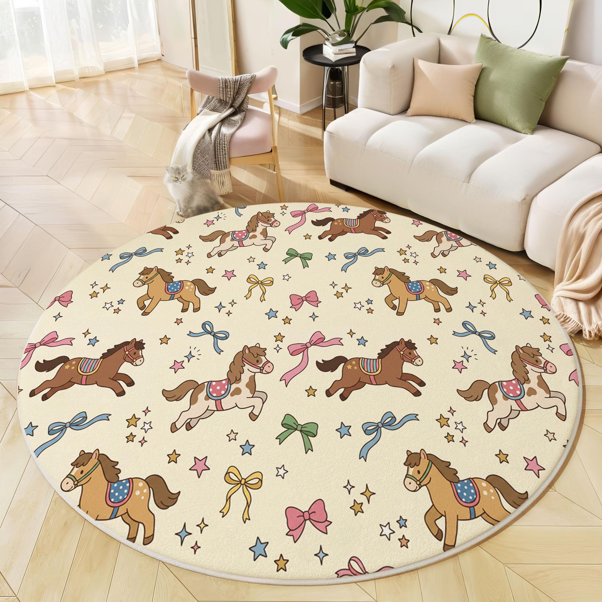 Tapis Rond Dessins Animés Mignons Animaux Beige Salon 100 Cm | Tapis Antidérapant Arc Cheval Ciel Étoilé Pour Chambre Enfant Salle Jeux Décoration, Moquette De Sol Poil Bas Lavable