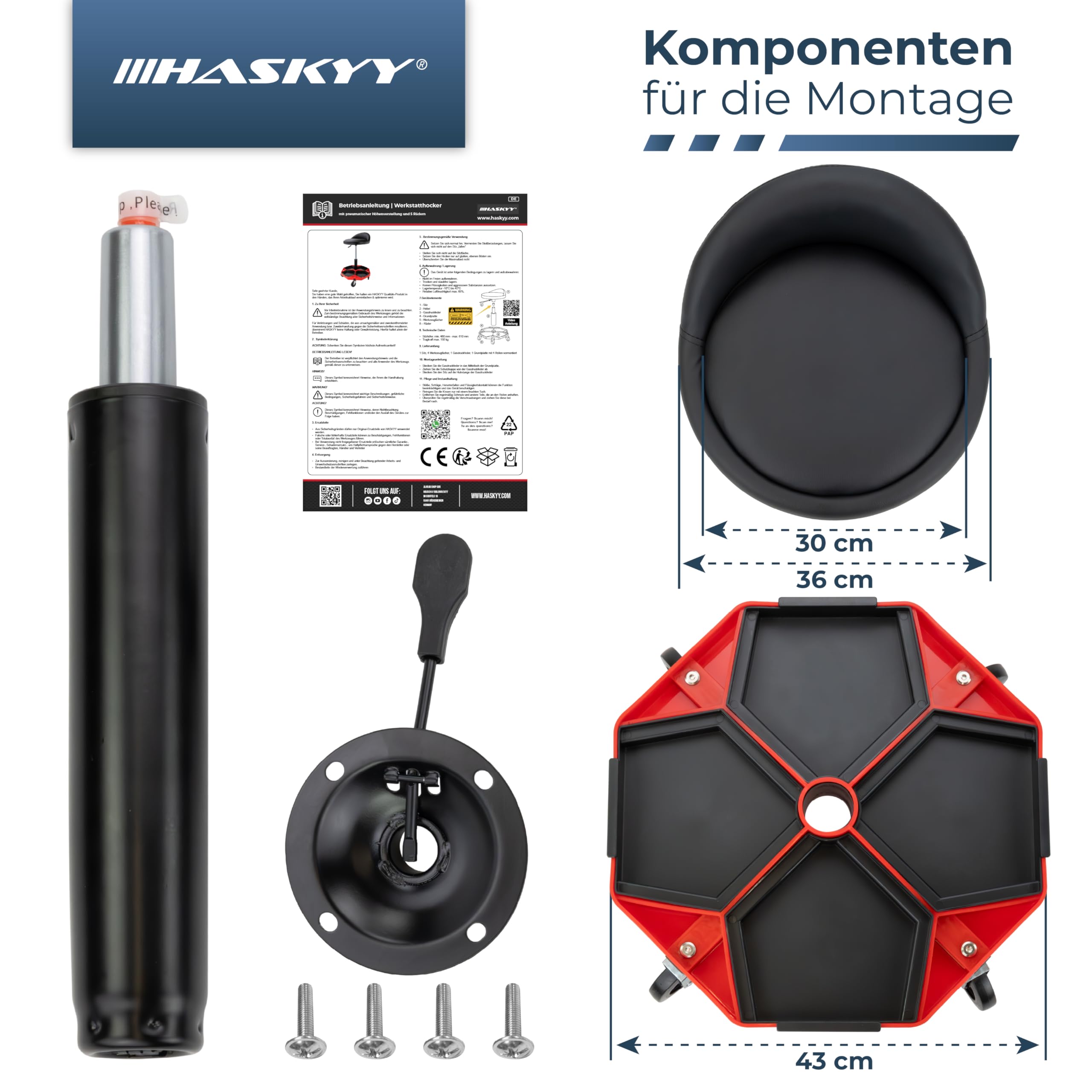 HASKYY Tabouret d'atelier avec dossier - Hauteur réglable de 43 à 58 cm - Charge maximale : 150 kg - Siège d'atelier avec compartiments de rangement - Tabouret pratique et d'atelier avec roulettes à