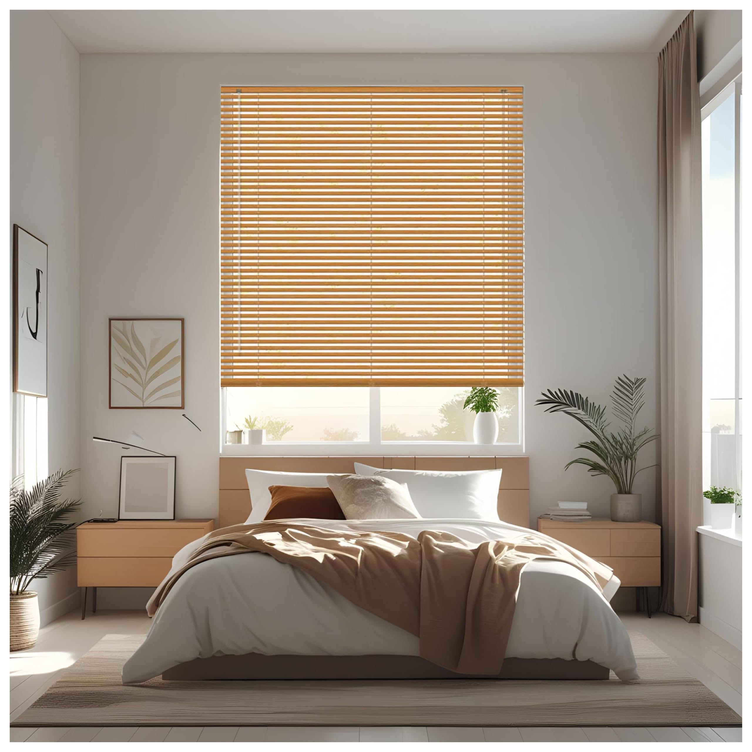 J.Din Teak Wood Grain Effect Made To Measure PVC Venetian Window Blinds Easy Fit Windows Treatment Curtains Metal Headrail Wooden Shutters Child Safe Fittings 195W x 150H cm