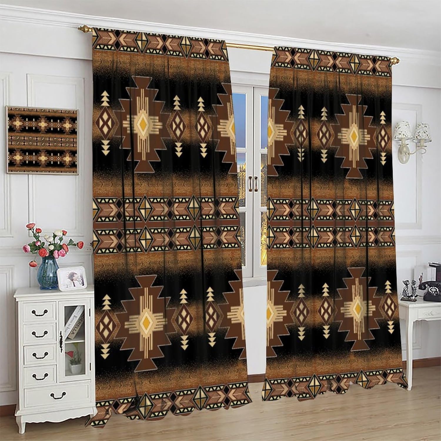 Aztec Curtains Boho Style Native Tribes Navajo Pattern Native Abstract Painting Printed Curtains Living Room Bedroom Set of 2 42x45 Inches - Image 4