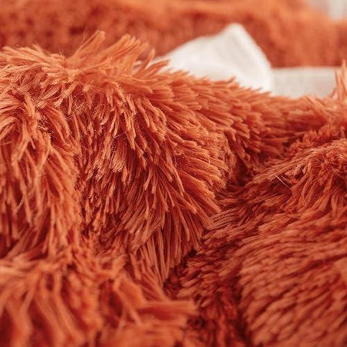 Miniatura 9 de Juego de funda de edredón de color naranja quemado esponjoso, tamaño Queen, ropa de cama de pelo sintético naranja quemado de 3 piezas (1 funda de