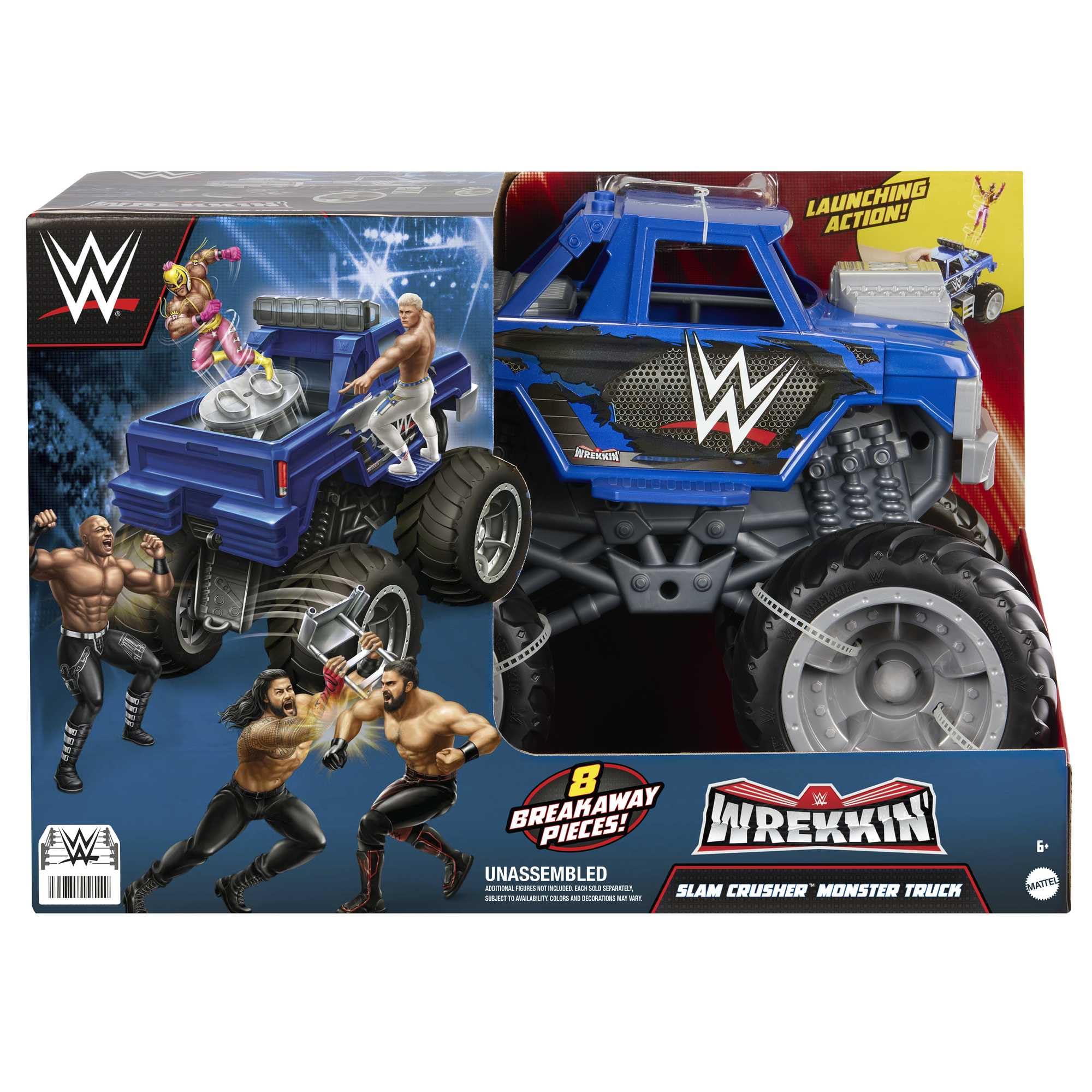 Mattel WWE Wrekkin Slam Crusher Monster Truck Figura de acción de un vehículo de la WWE con 8 piezas rompibles, HPG36