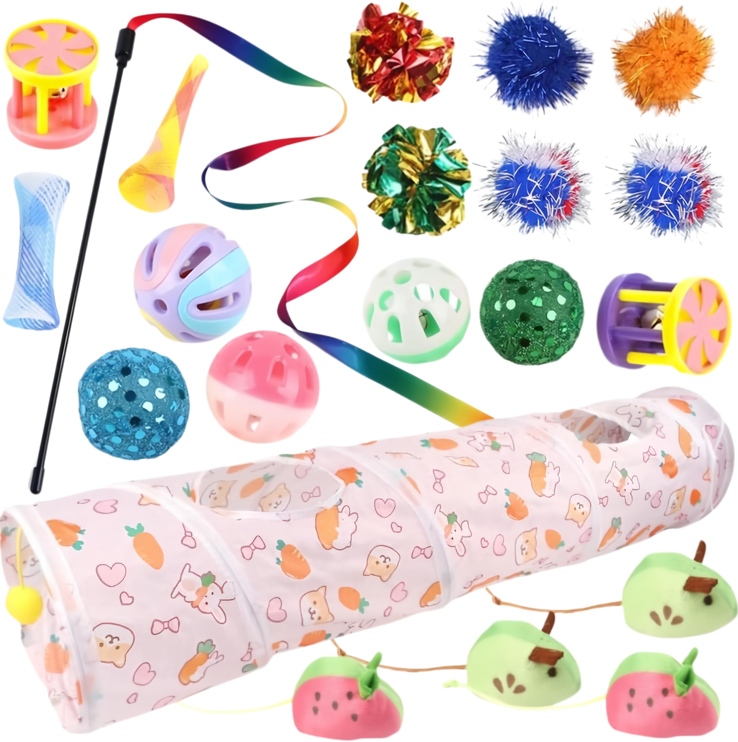 20 Pack Cat Tunnel Toy for Adult Cats, Variety Pack Toy with Feather Wand, Cat Balls, Plush Mouse Toys for Indoor Cats and Kittens