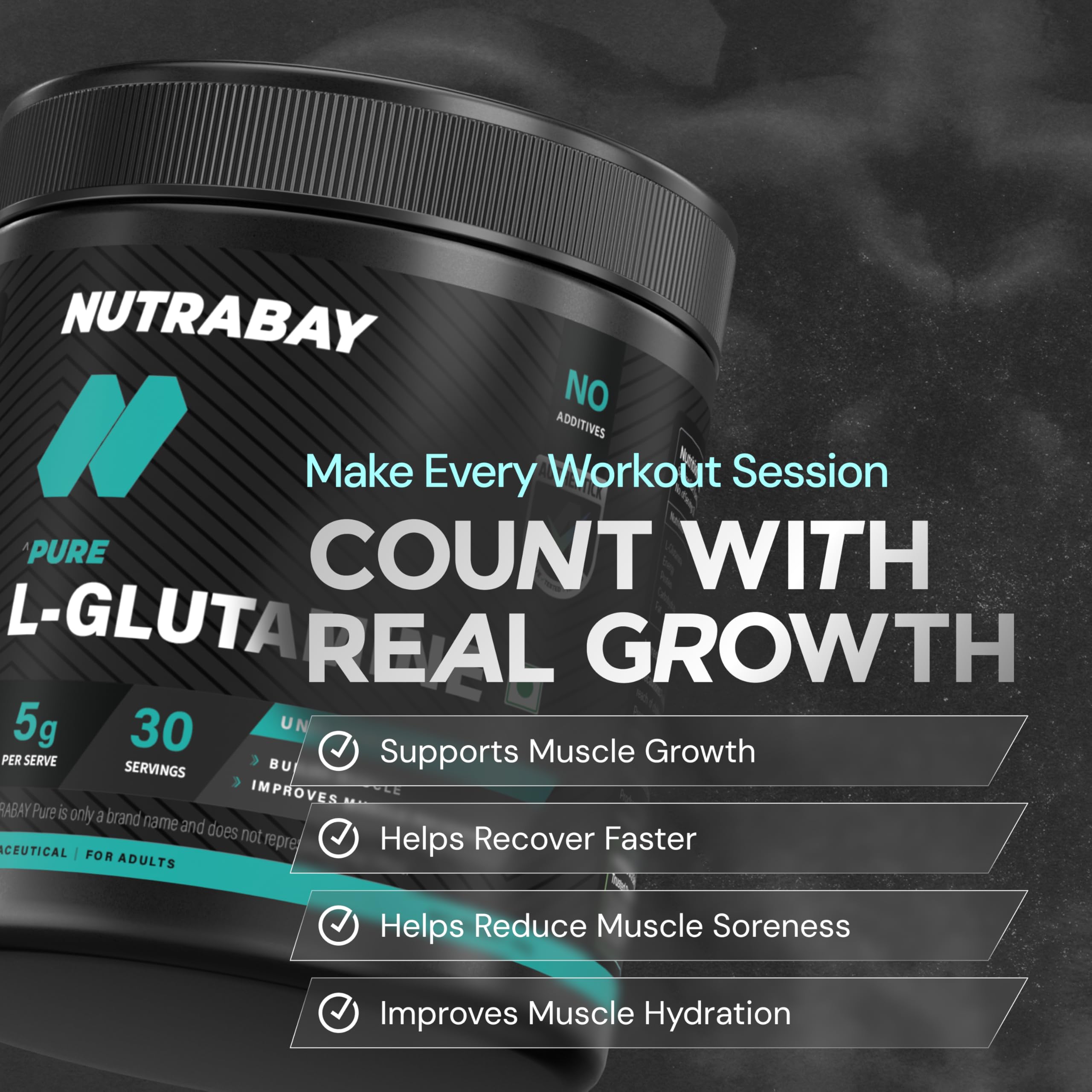 Nutrabay Pure L-Glutamine Powder 5000mg, Amino Acid - Post Workout Supplement for Muscle & Immunity Build Up - 150g, Unflavoured | 100% Authentic Supplement | No Banned Substances | Tested for Purity 2