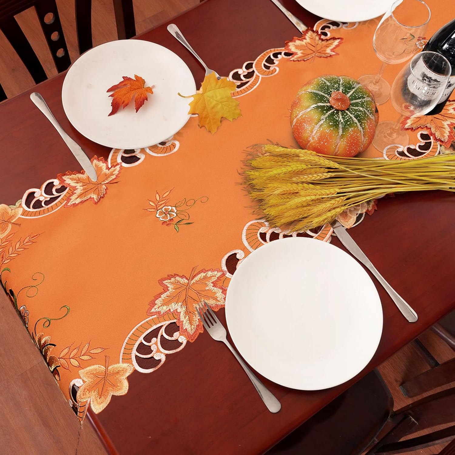 Simhomsen Embroidered Pumpkins Orange Table Runner for Fall, Autumn and Thanksgiving (14 x 120 inches)