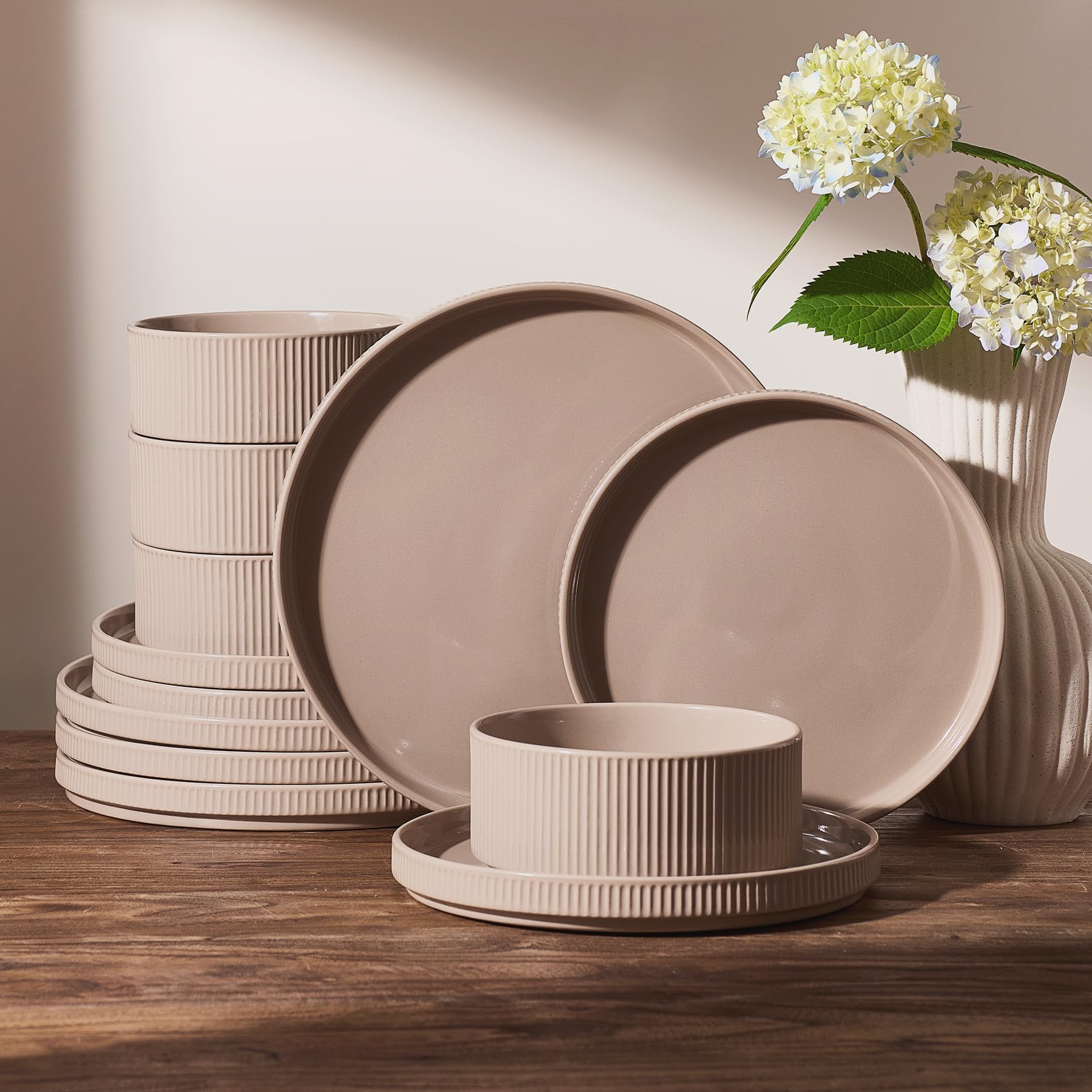 Photo 1 of Famiware Ceramic Plates and Bowls Set, 12-Piece Ribbed Dishes for 4, Brown