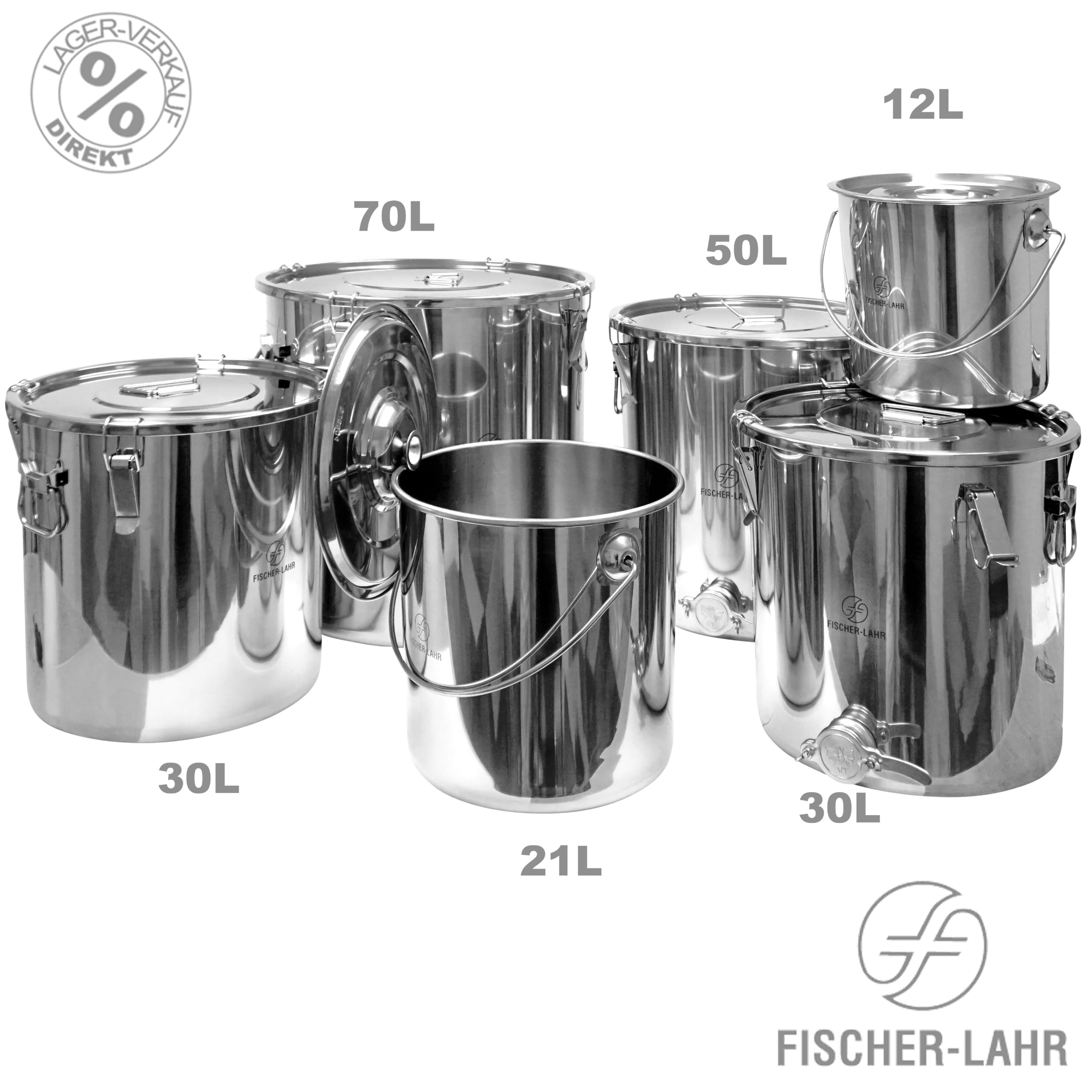 Fischer Edelstahl Honigabfüllkübel 30 Liter mit Quetschhahn und Spanndeckel | mit Edelstahl-Deckel, Spannverschluss und Honigquetschhahn , lebensmittelecht, für Honig , Küchen-, Gastro-oder Futter-Eimer