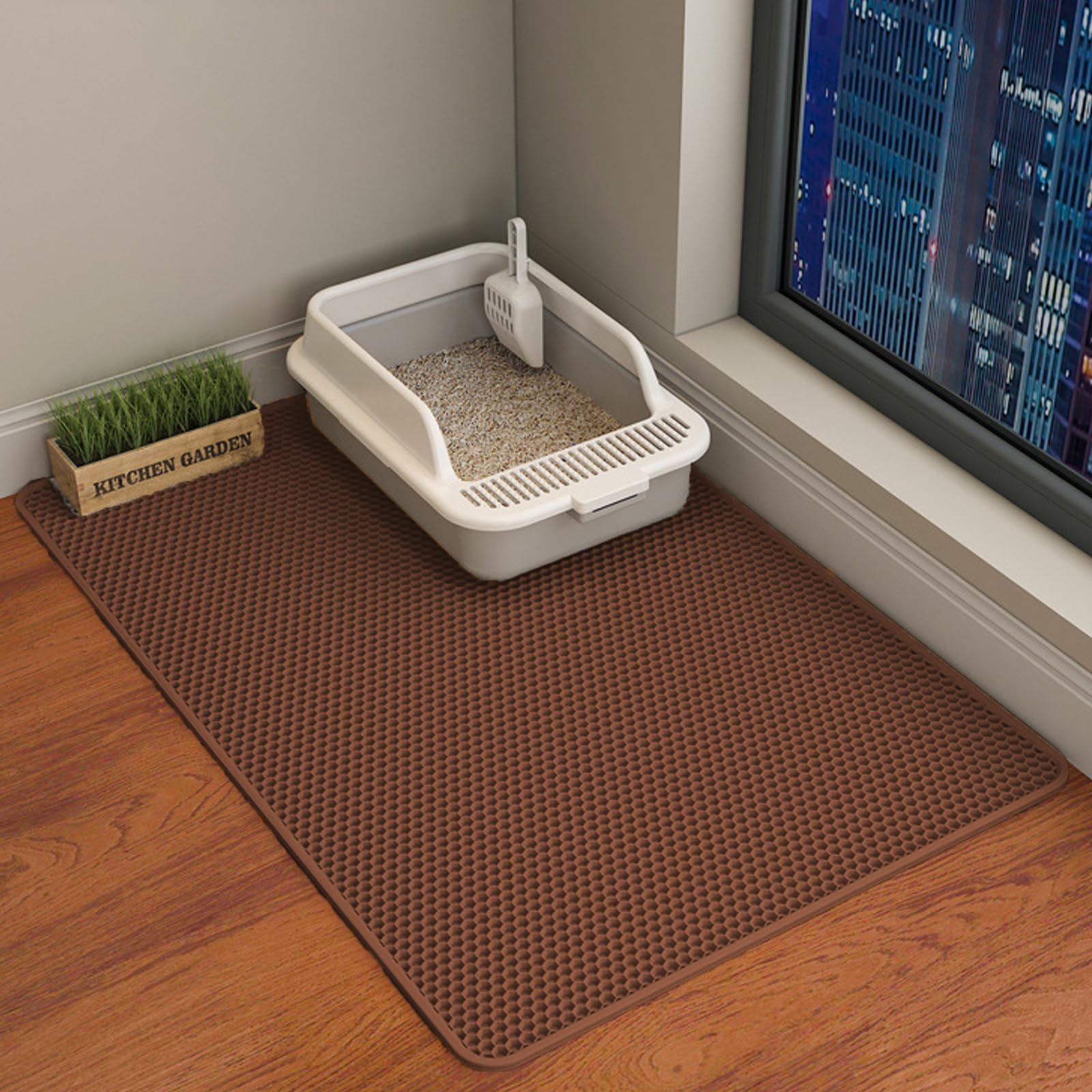 Cat Litter Mat, Honeycomb Double Layer Cat Litter Trapping Mat, Waterproof Urine Proof Non-Slip, Scatter Control, Less Waste, Easier to Clean (Brown, 35" X 24")