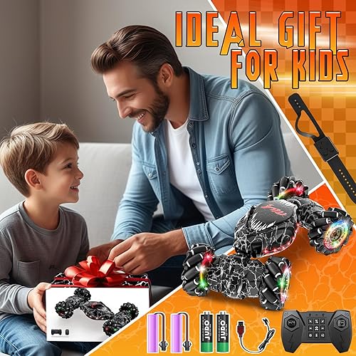 Miniatura 7 de Auto de acrobacias a control remoto, detección de gestos LED de 2.4 GHz, rotación de doble cara 4WD con luces y música, automóvil de deriva de