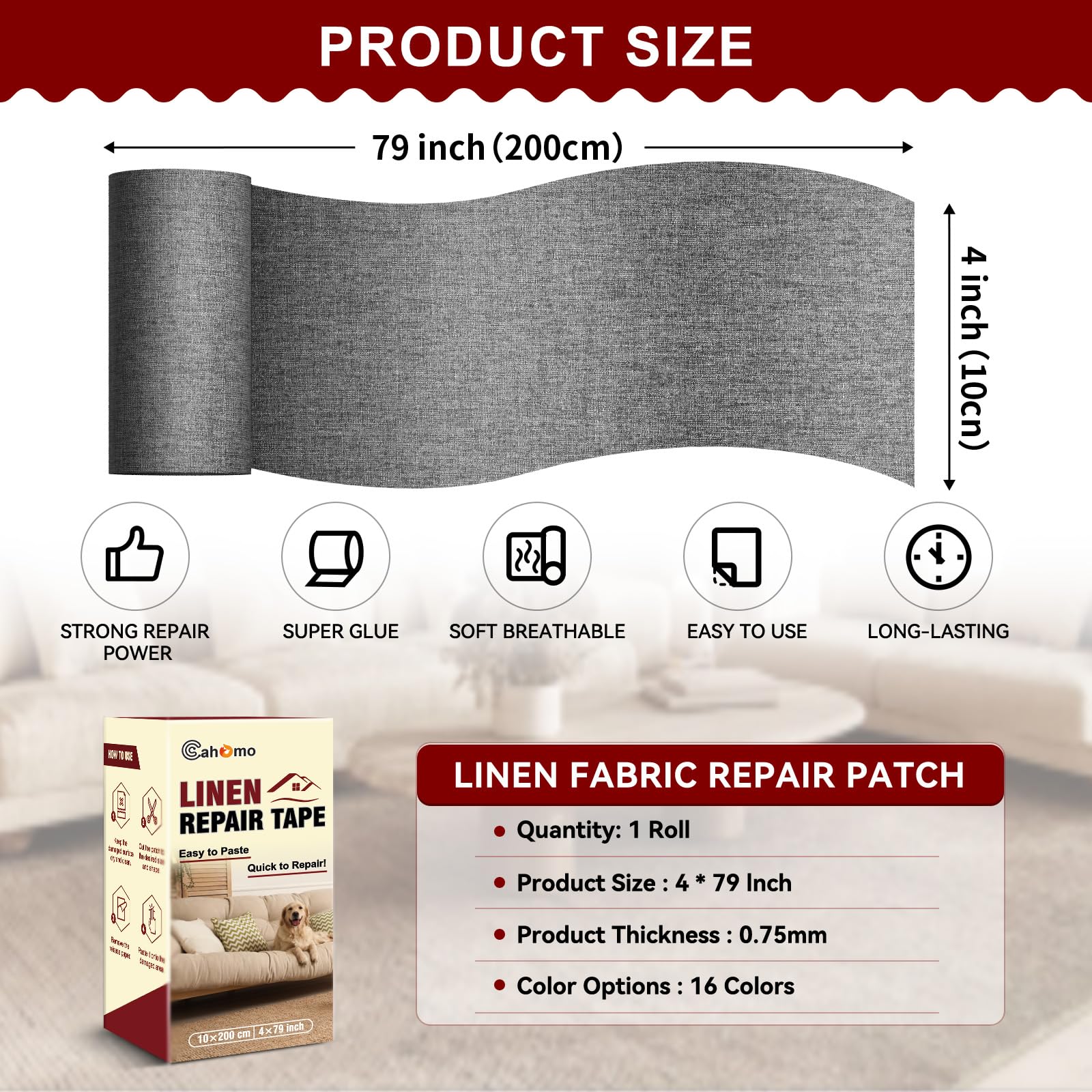 Linen Repair Tape 4x79 inch, Self Adhesive Fabric Patches, Linen Patch Tape Kit, Fabric Repair Tape for Couch Sofas, Headboards, Chairs, Pillows, Curtains, Couches- Dark Grey