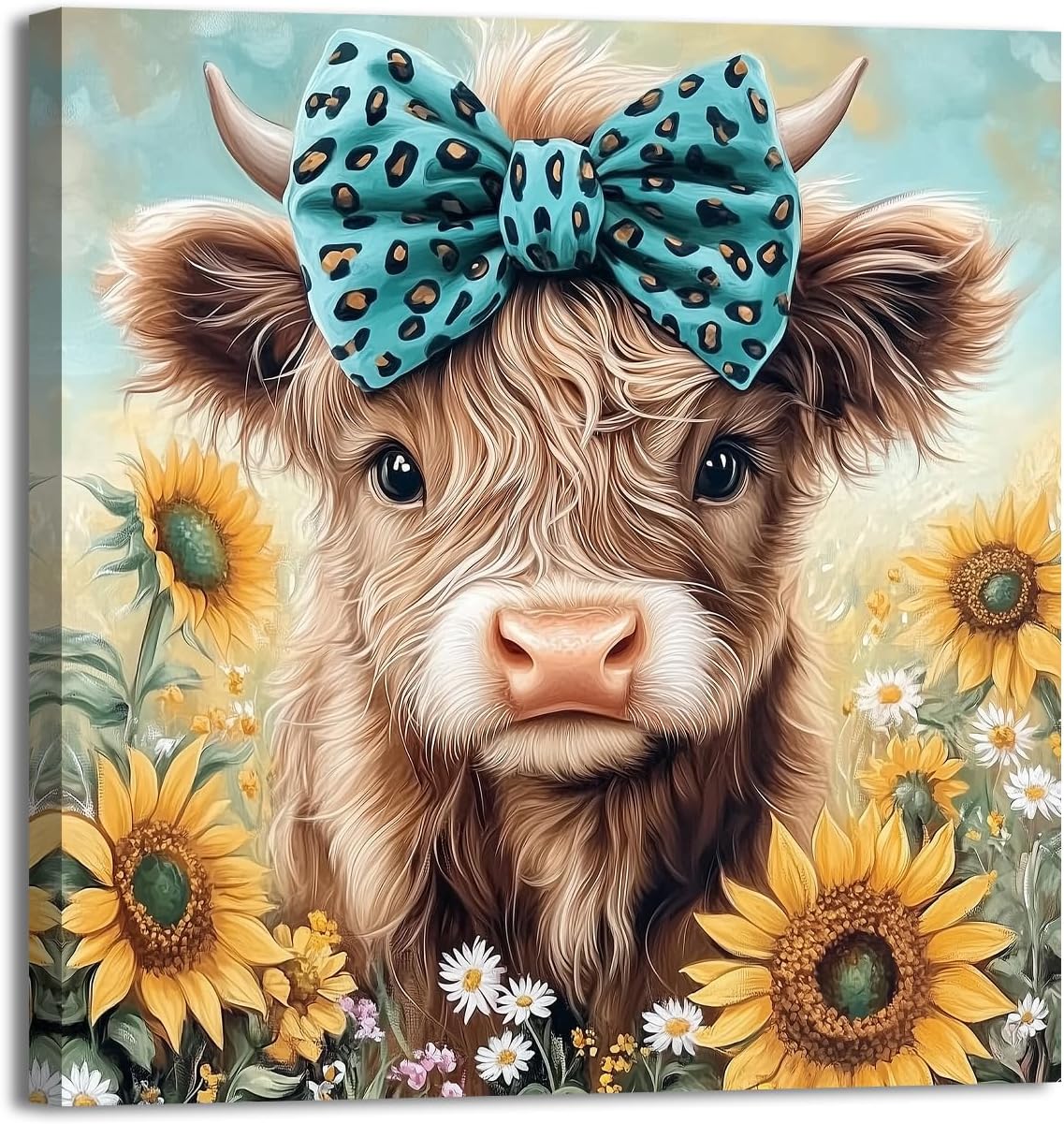 YMXDYMJSW Highland Cow Baby Wall Art Cute Cattle with Sunflower Canvas Prints Baby Calf Pictures Farm Animal Paintings for Kids Room Nursery Decor Framed (Brown,12L x 12W)
