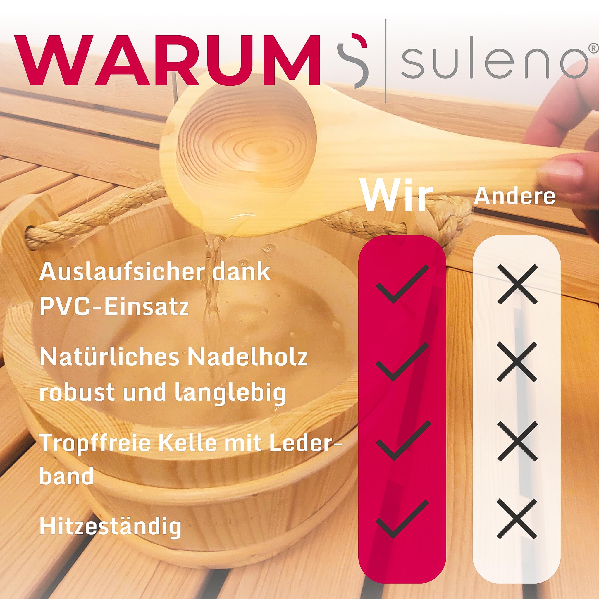 Suleno Sauna Zubehör Set - Saunaeimer mit Kelle aus Nadelholz, PVC-Einsatz, Auslaufsicher, Naturholz, Extralange & tropffreie Saunakelle, Aufgusseimer Set, Hochwertiges Sauna Set 3-teilig