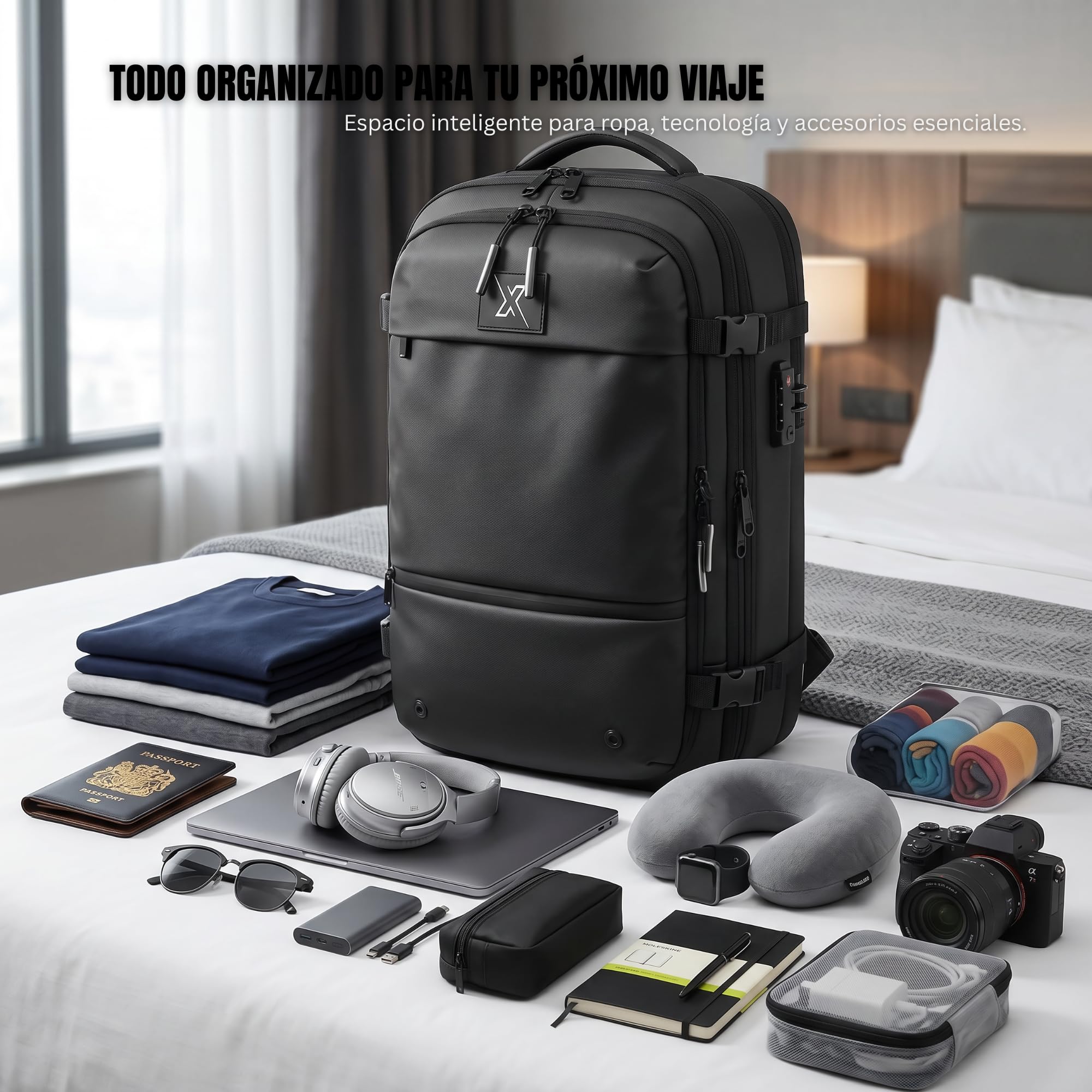 Mochila de Viaje Cabina 49x32x15 con Compresión al Vacío y Mini Bomba, Candado TSA, Portátil 17,3", Impermeable – Apta Ryanair y Vueling (Hombre y Mujer)