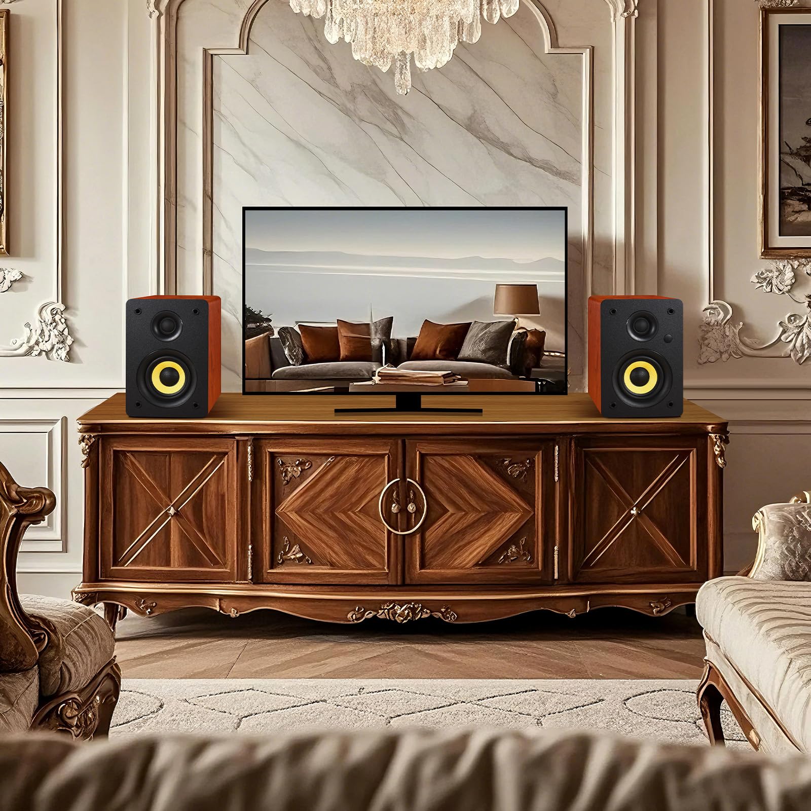 Sanyun SW206 80W Enceintes bibliothèque Actives Double Mode, 4" Studio Monitor/HiFi, Champ sonore 3D amélioré, Entrée symétrique TRS 6,35mm, Bluetooth 5.4, Optique/Coaxial/Aux/USB DAC 24bits, Bois
