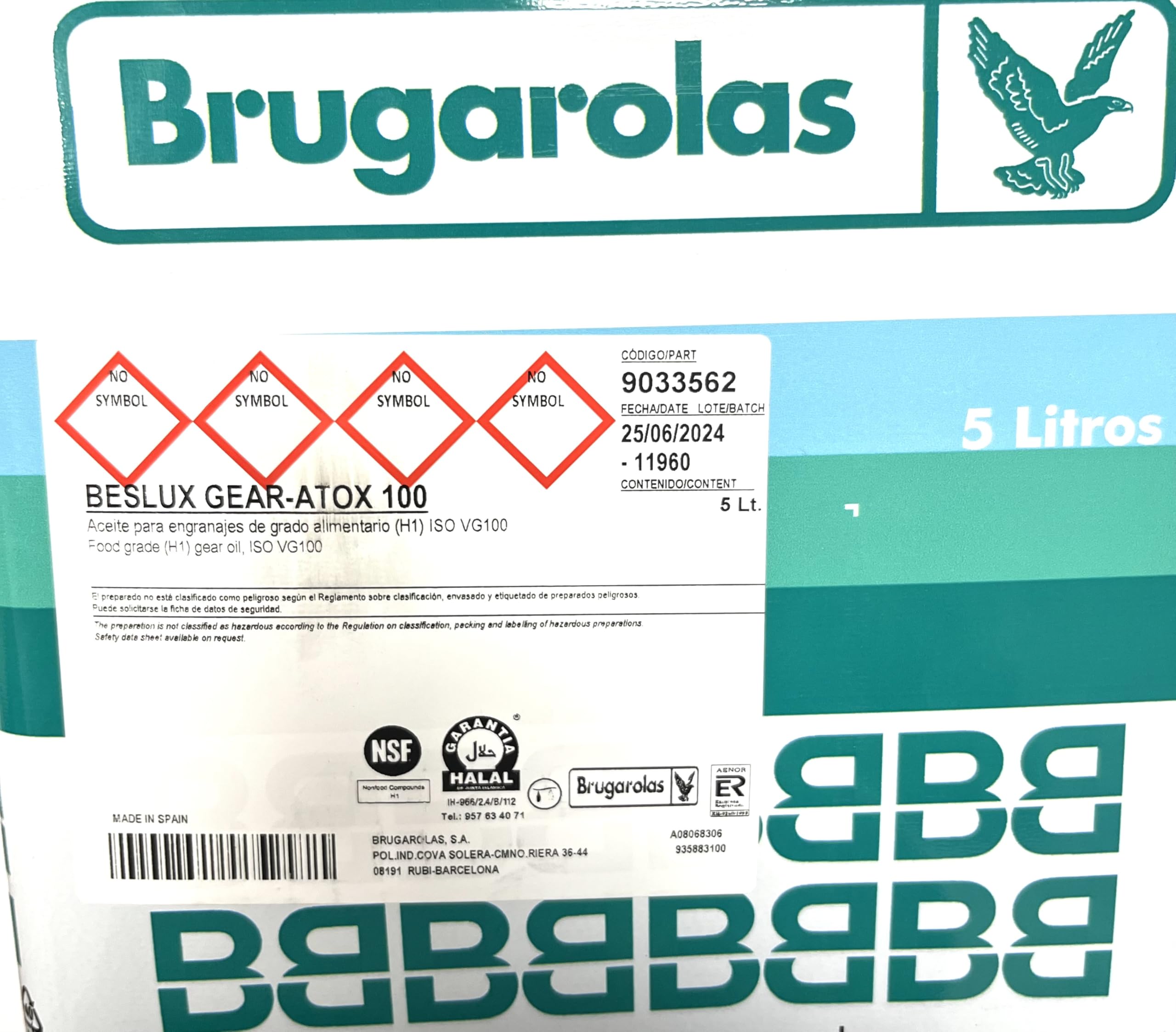 Aceite industrial de grado alimentario ISO VG100 5litros. Aceite Brugarolas Beslux Gear Atox 100
