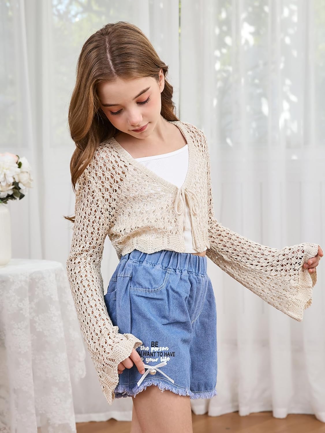 Milumia Girl's Tie Front Crochet Cardigan Hollow Out Long Sleeve Knit Crop Cover Up Top - Image 5